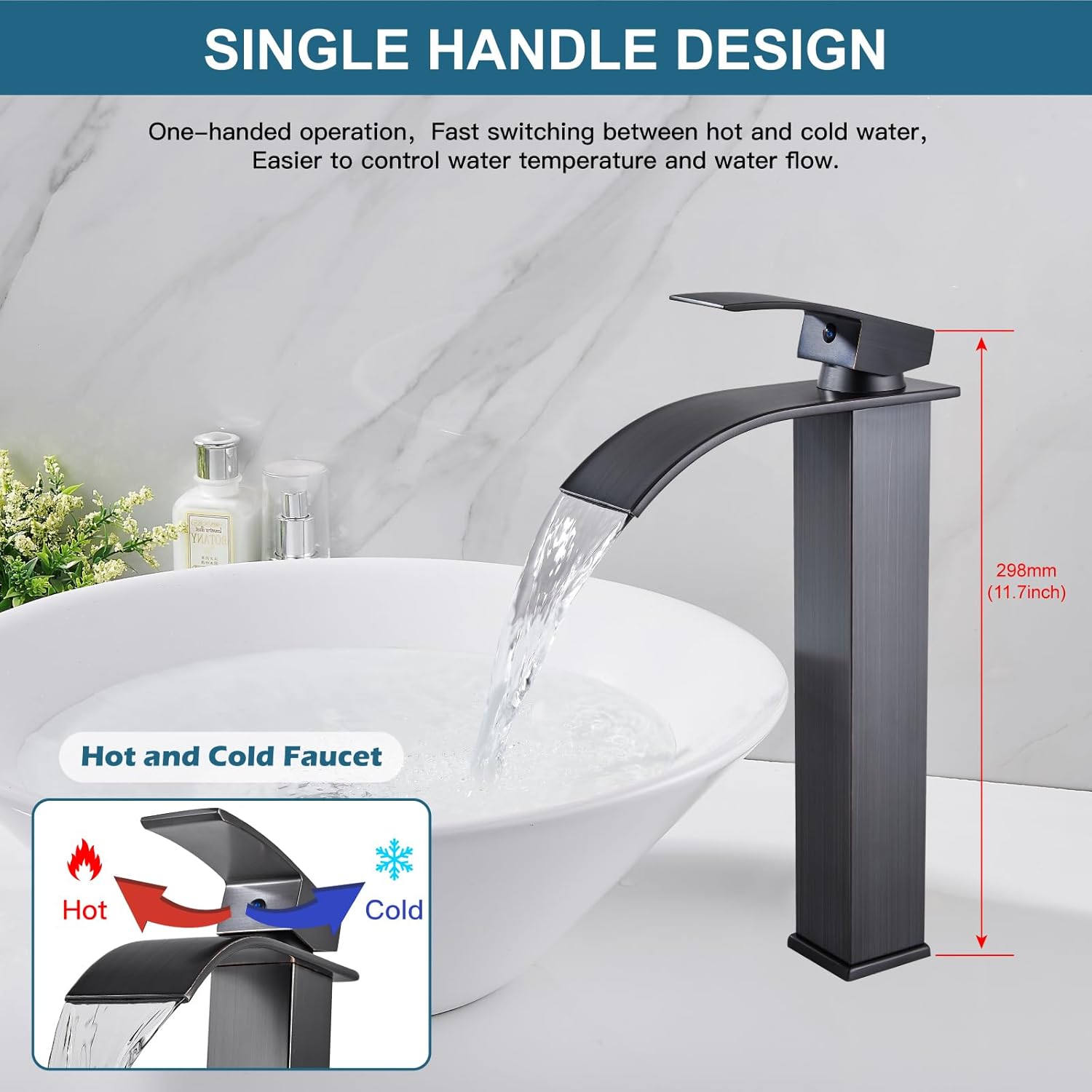 Midanya Grifo alto de bronce aceitado con cascada para lavabo de baño, grifo alto de una sola manija, montaje en cubierta de 1 agujero con boquilla