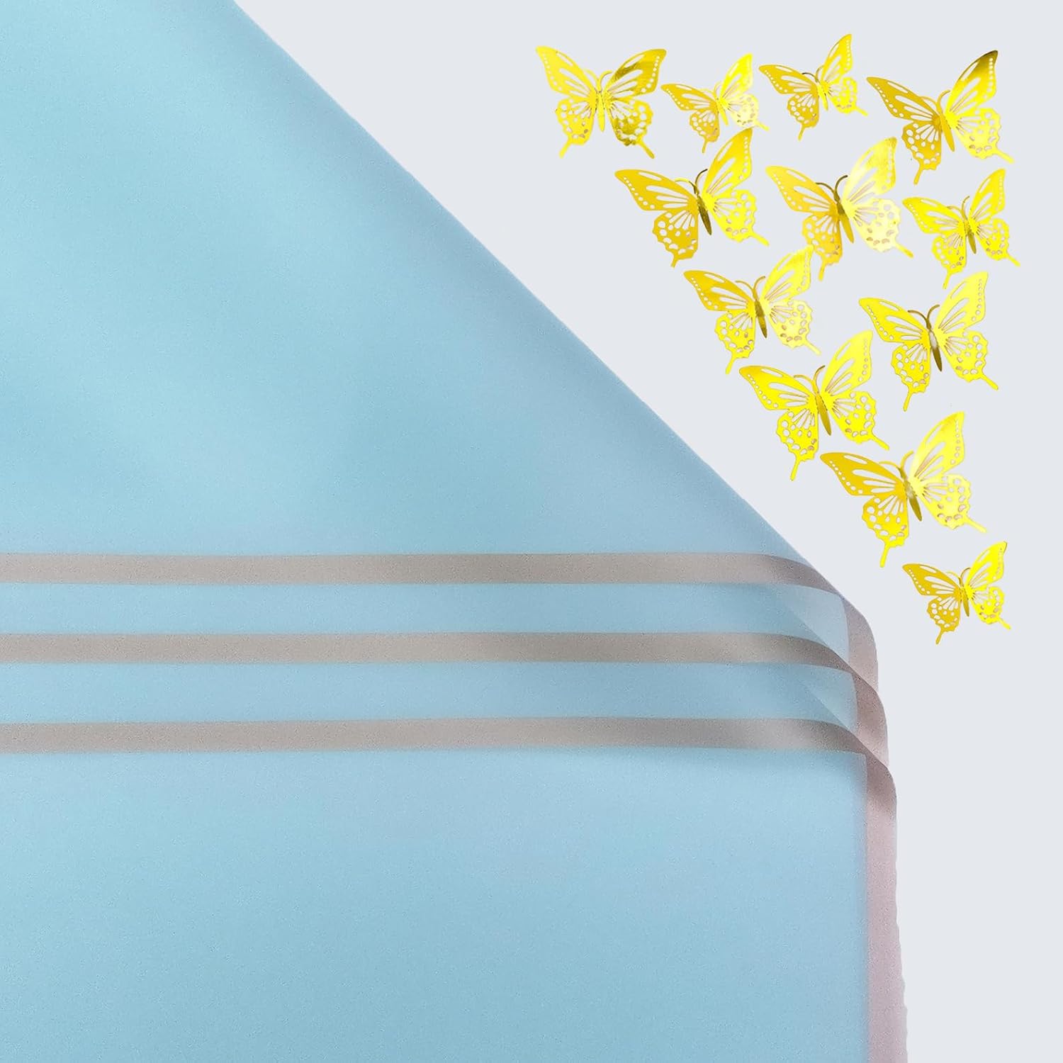 20 hojas de papel de regalo de flores, ramo de flores frescas con borde dorado con papel de regalo de mariposa 3D, suministros florales de 22.5 x