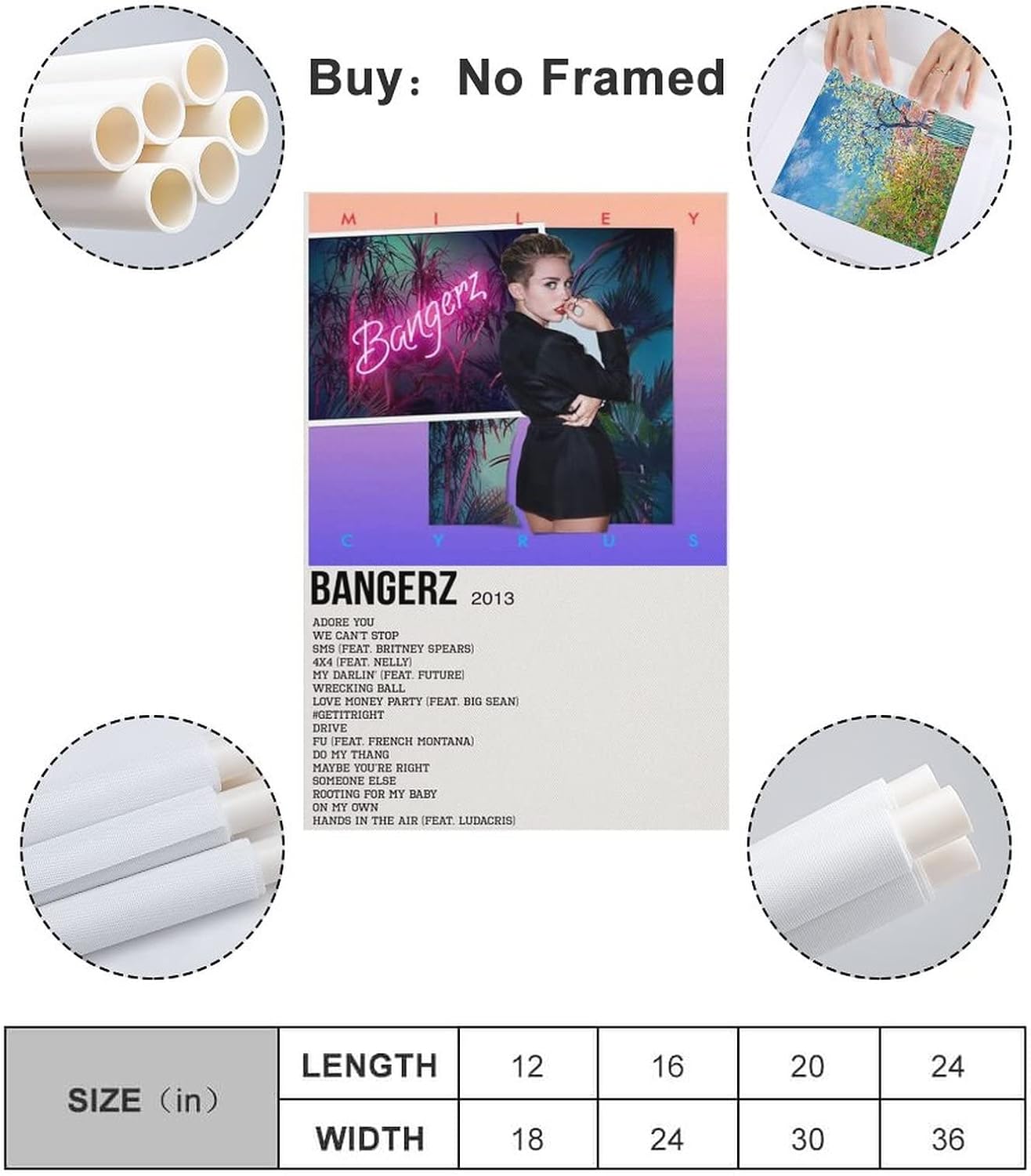 Miley Cyrus BANGERZ 2013 – Póster de lienzo decorativo para pared, sala de estar, dormitorio, decoración, regalo, sin marco, estilo 12 x 18 pulgadas
