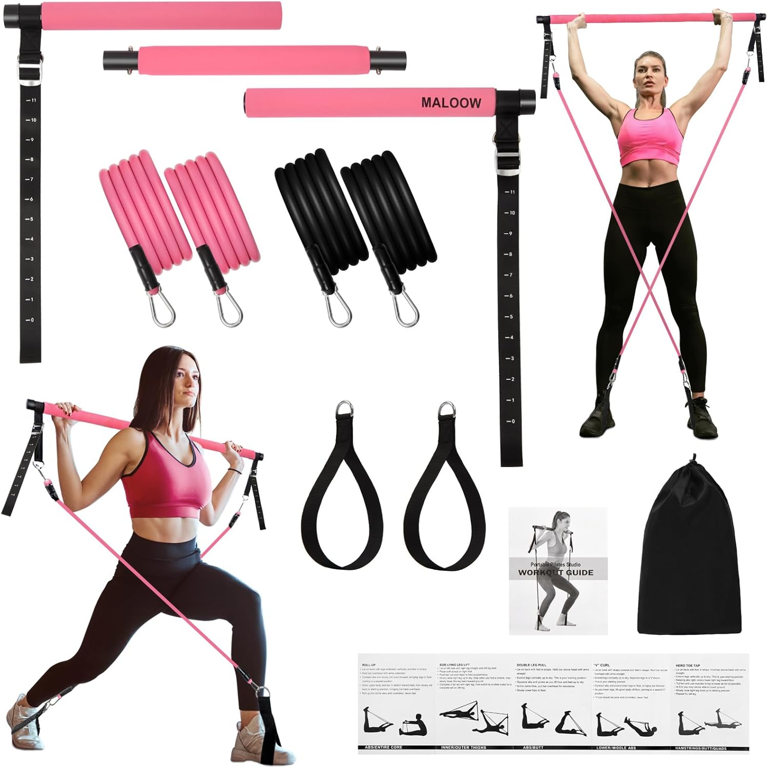 Kit de barra de pilates con bandas de resistencia (2 estándar y 2 fuertes), equipo de entrenamiento de gimnasio en casa para mujeres, barra de