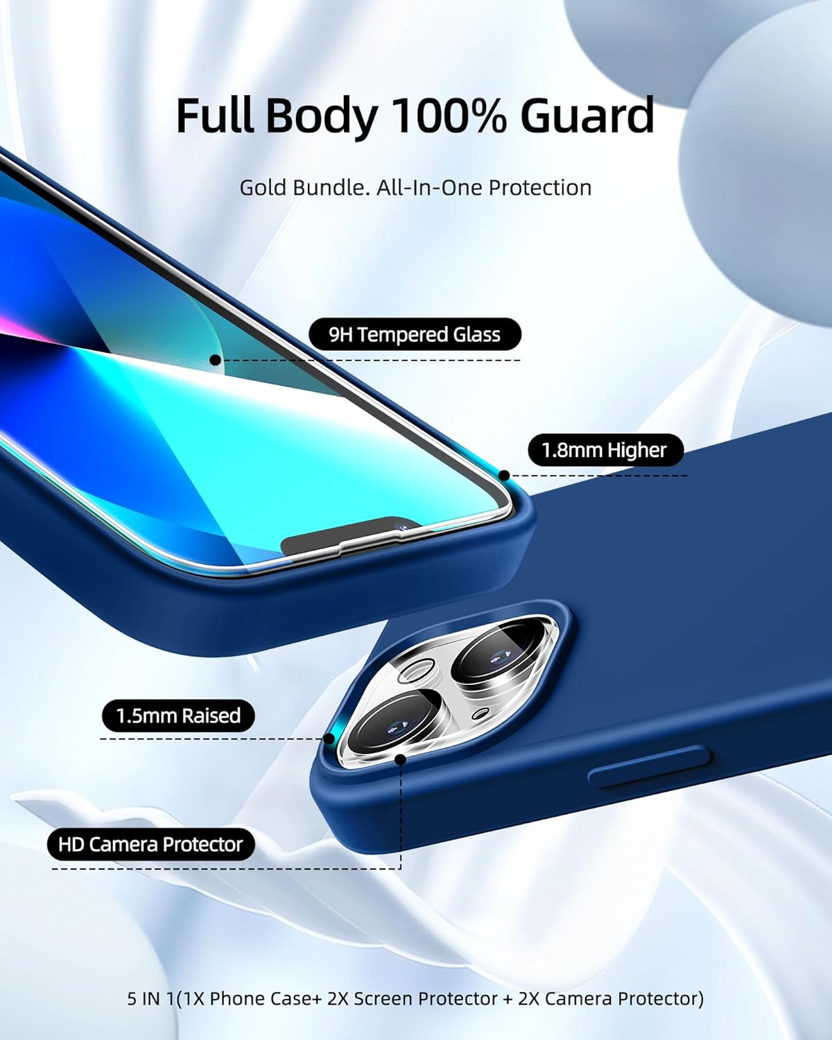 Funda 5 en 1 para iPhone 13 de 6.1 pulgadas, con 2 protectores de pantalla + 2 protectores de lente de cámara, funda protectora delgada de silicona