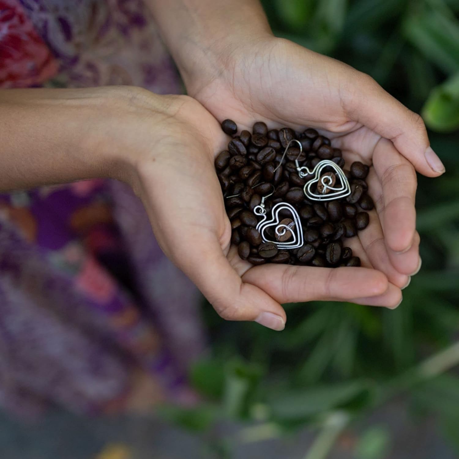 Coffee Lovers Jewelry Gift for Mom, Coffee Bean Heart Earrings Handmade with Love by Mothers In Need