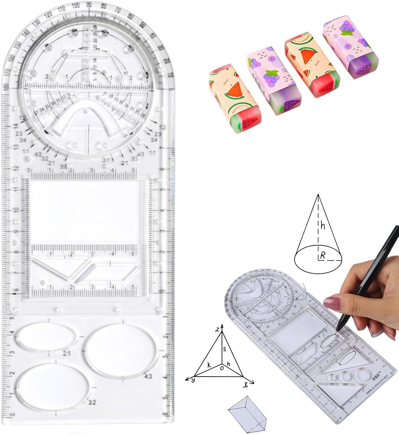 LXINYE Regla geométrica multifuncional, regla de dibujo de matemáticas, plantilla de dibujo geométrico, herramienta de medición, reglas de plástico