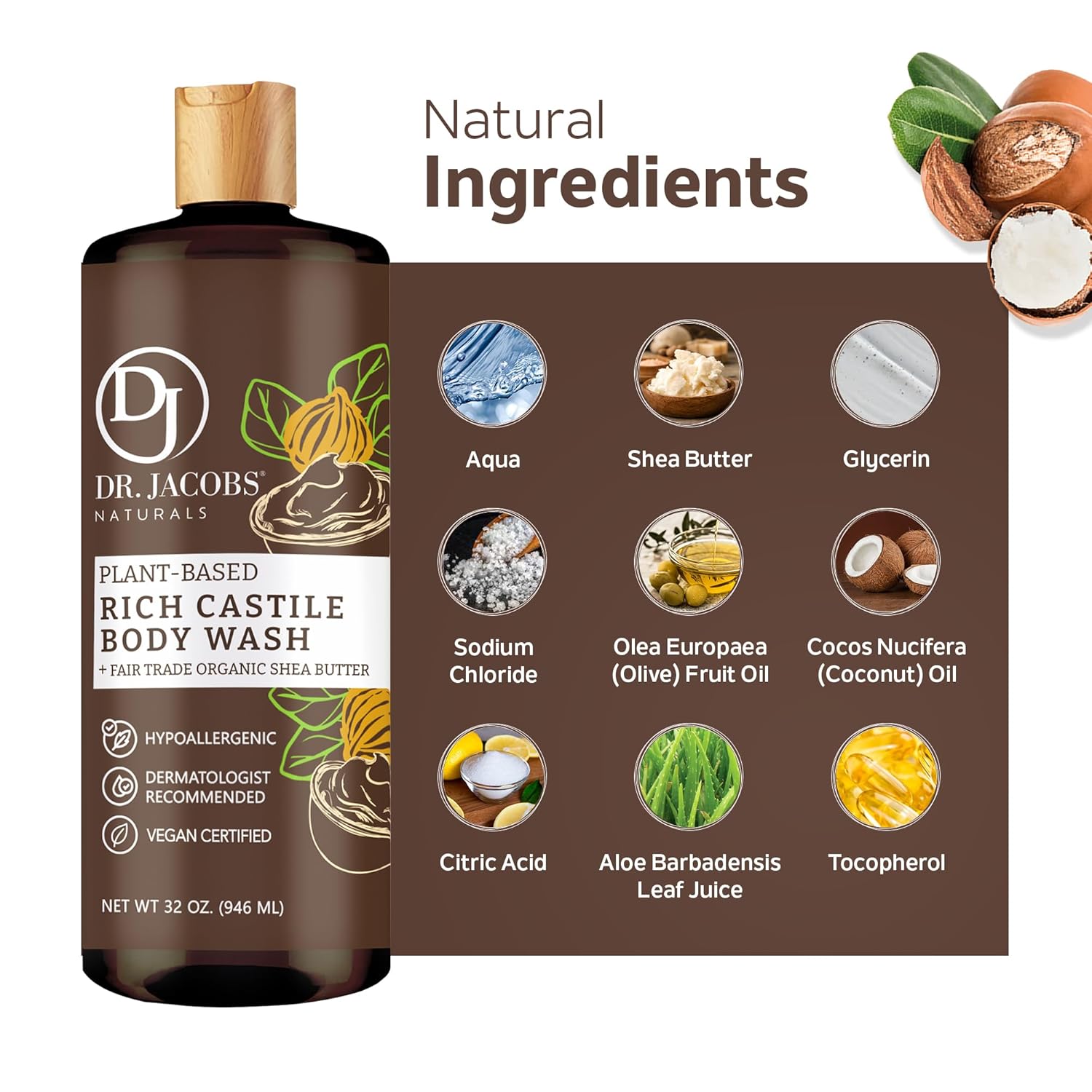 DR.JACOBS NATURALS Jabón corporal de manteca de karité de Castilla totalmente natural con ingredientes a base de plantas, suave y eficaz, sin