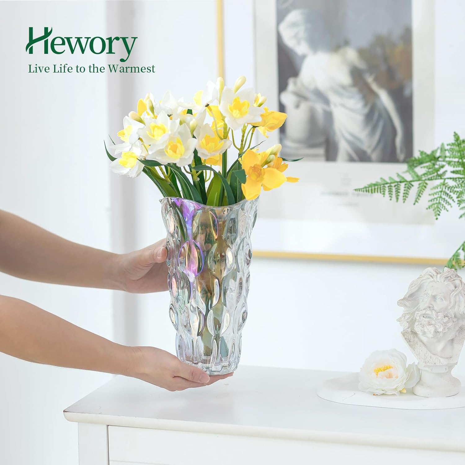 Hewory – Florero grande de cristal para flores, florero decorativo de 9.5 pulgadas de alto para centros de mesa, florero decorativo único y grande