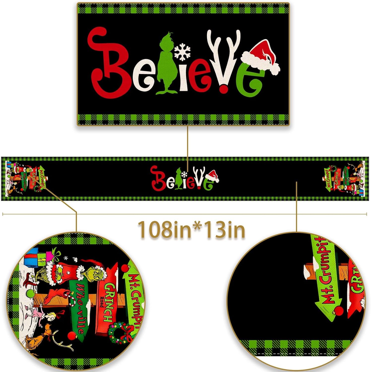 Camino de mesa Grinchmas Feliz Navidad, vacaciones de invierno, fiesta temática, cocina, comedor, decoración del hogar (negro y verde, 13 x 108