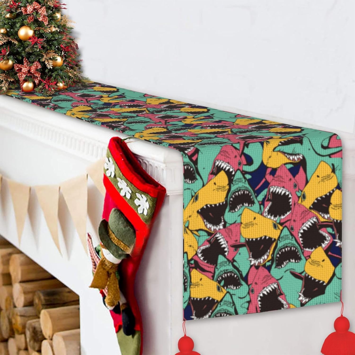 Sharks Christmas Table Runner Dining Table Decor Christmas Decorations Indoor Home Decor Christmas Table Runners Xmas Navidad Decoracion 2023 for