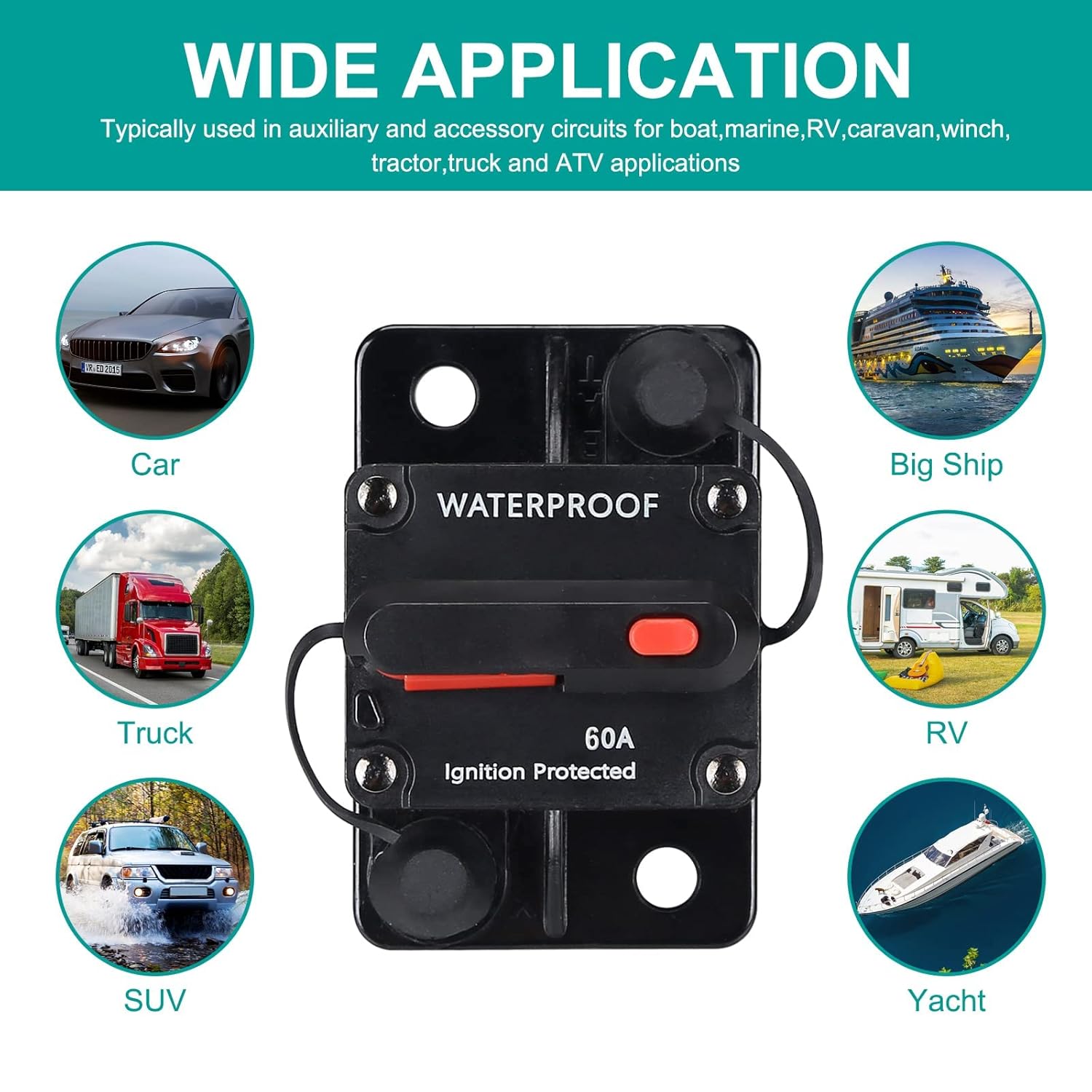 Disyuntor de 60 amperios, con reinicio manual, impermeable, 12V-48V CC, 30-304A, para motores marinos de arrastre de automóvil, barco, ATV,