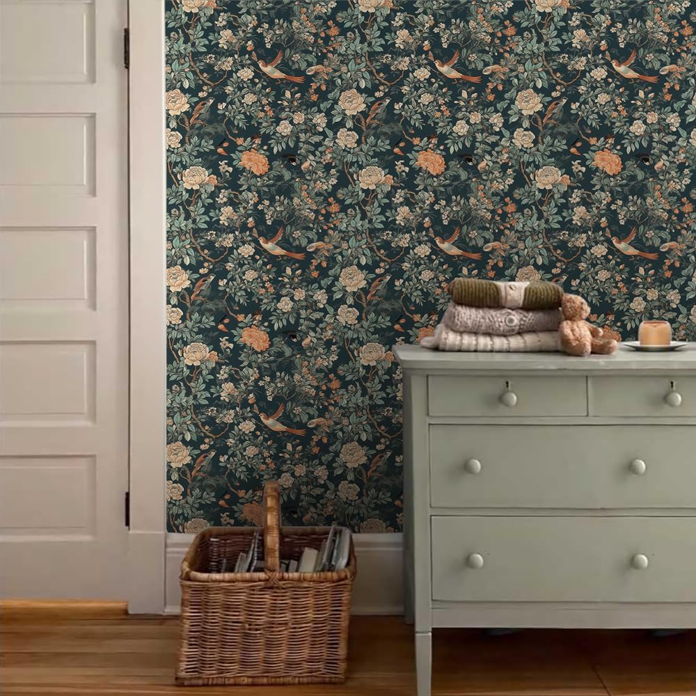 Papel tapiz autoadhesivo de 18 x 236 pulgadas, diseño floral de peonías verdes, bosque, floral, autoadhesivo, extraíble, fácil de despegar, para