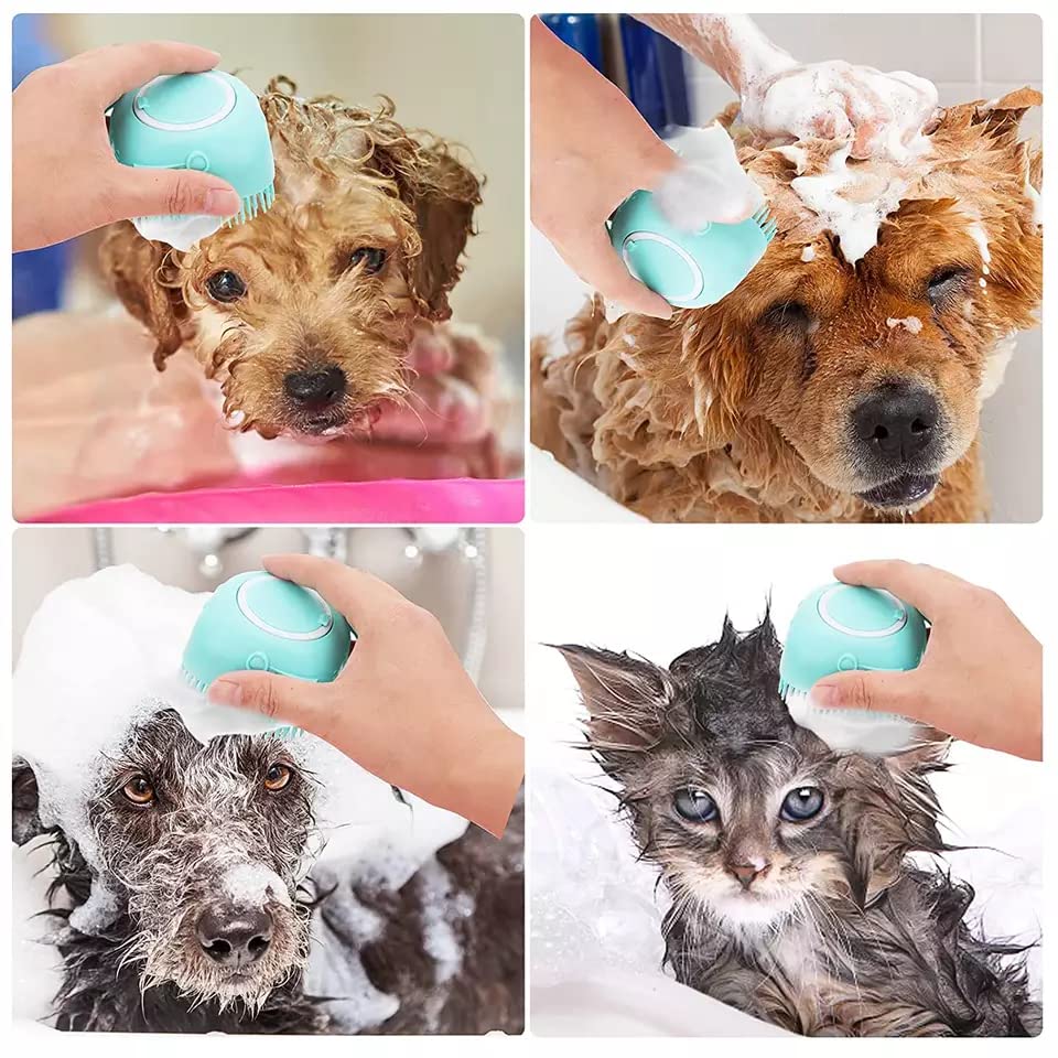 Cepillo de baño para perros y gatos, hecho de silicona suave, cepillo de masaje para mascotas, con dispensador de champú, adecuado para perros y