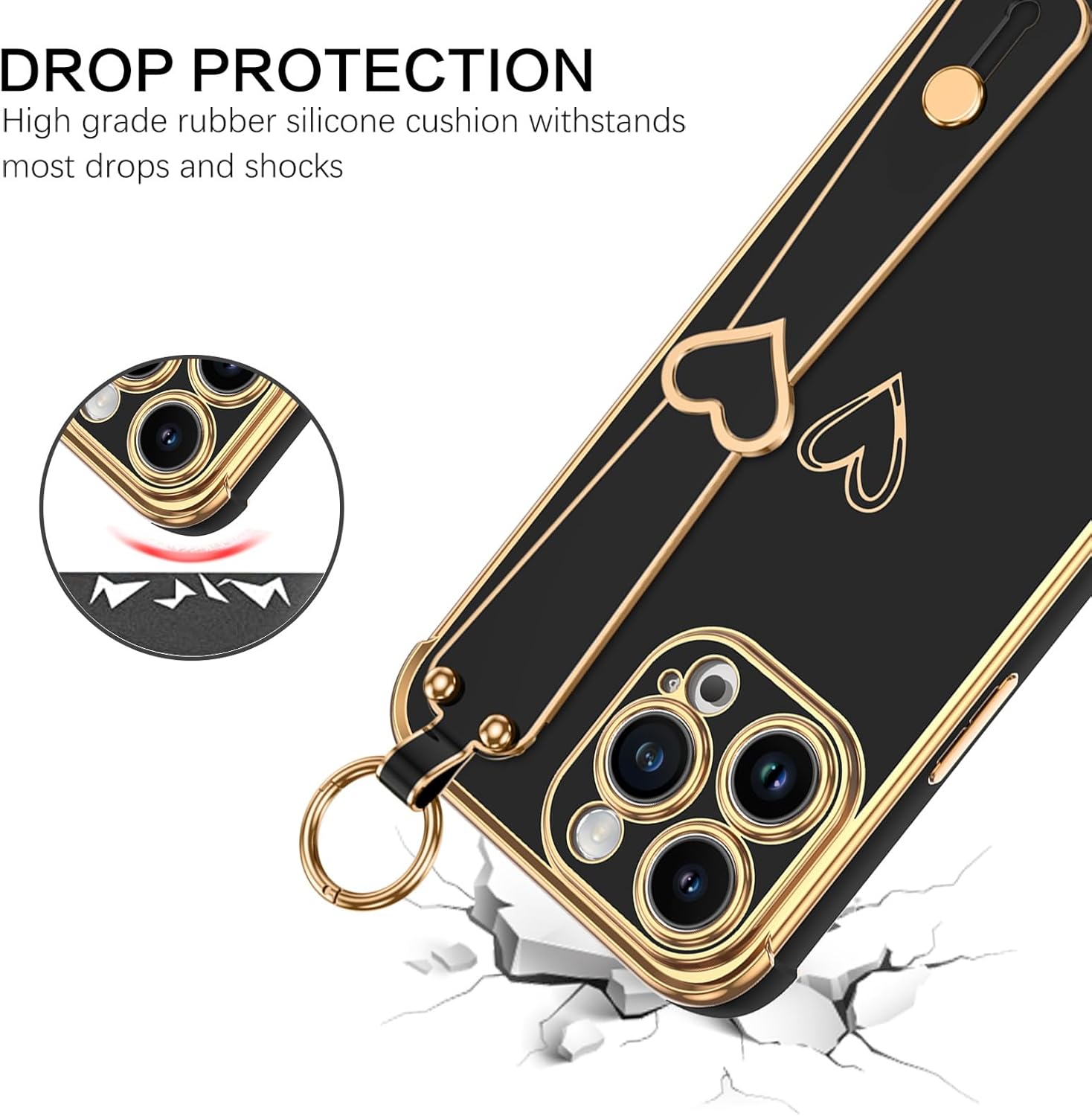 BENTOBEN Funda compatible con iPhone 15 Pro Max, iPhone 15 Pro Max con correa ajustable para la muñeca, soporte de apoyo de lujo con bonito corazón