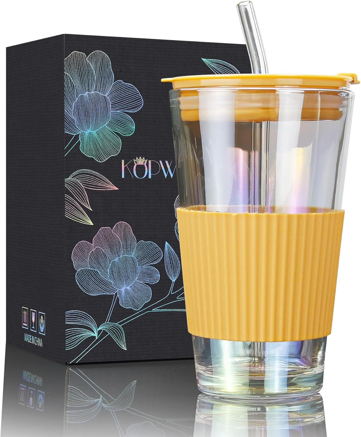 KOPWVA Vaso de vidrio de 15 onzas con popote y tapa de vidrio, taza de café helado Aurora de 15.2 fl oz con funda protectora de silicona, cabe en