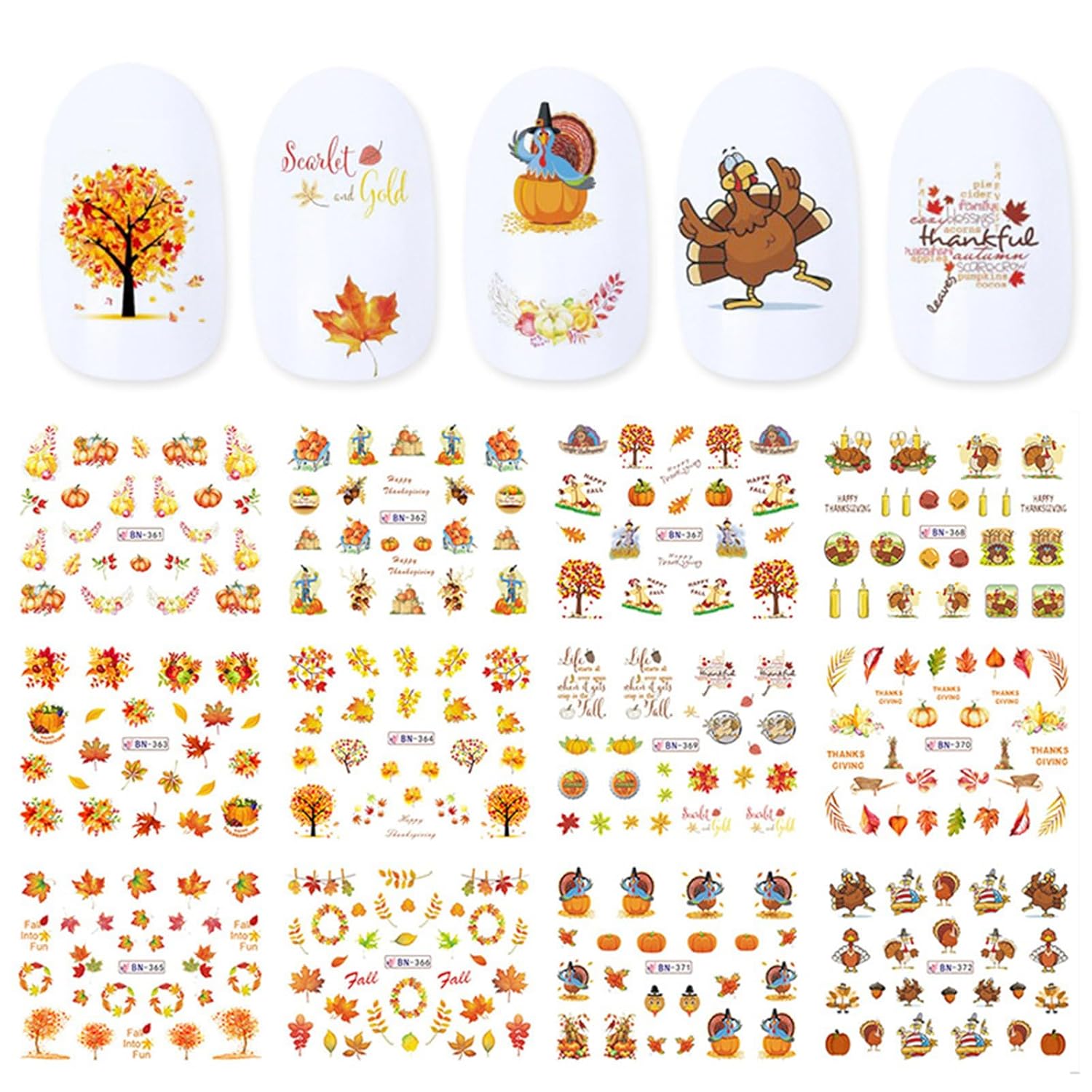 12 calcomanías de uñas de hoja de arce, calcomanías de agua de calabaza de chile de otoño, calcomanías de agua para el día de Acción de Gracias,