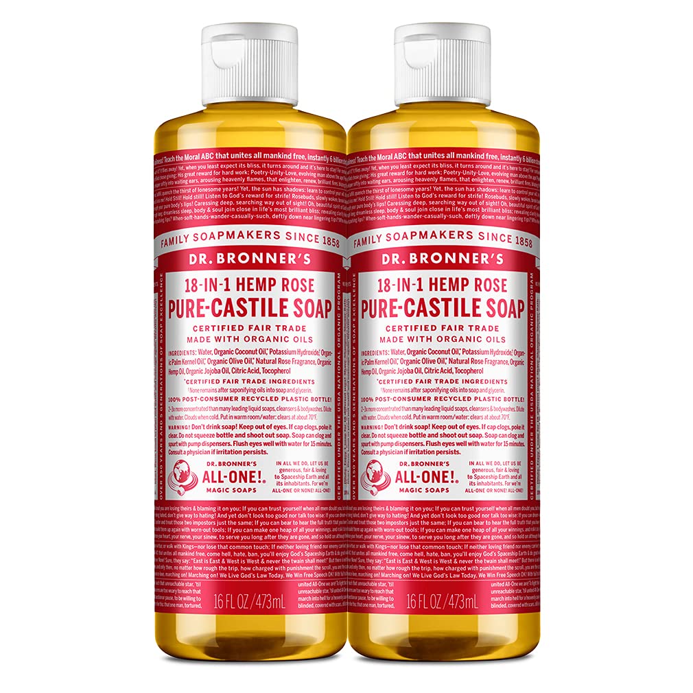 Dr. Bronner’s – Jabón líquido puro de Castilla (rosa, 16 onzas, paquete de 2), hecho con aceites orgánicos, 18 usos en 1 cara, cuerpo, cabello,