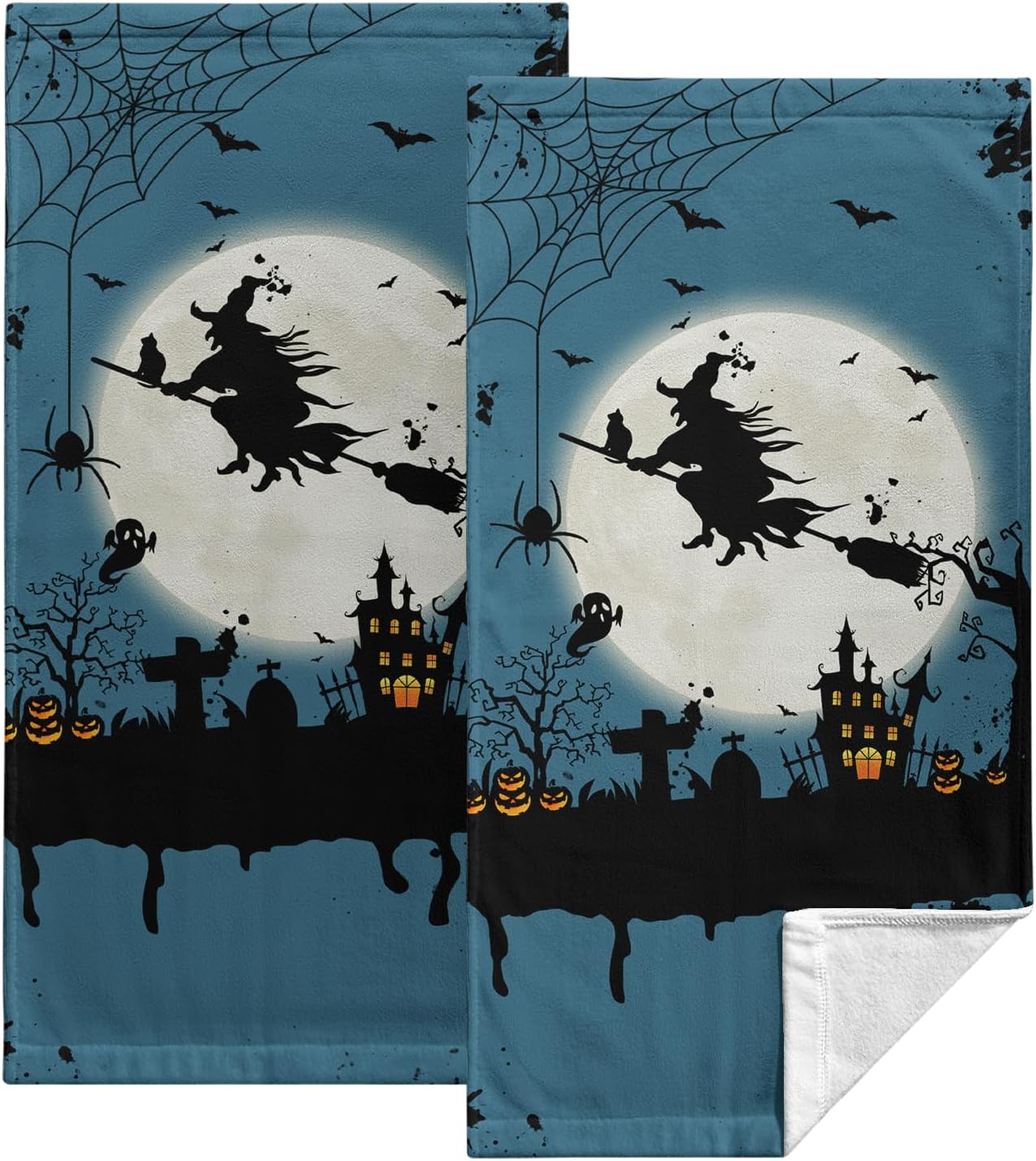 Kwlegh Juego de 2 paños de cocina de bruja y luna de Halloween, juego de 2 toallas de baño espeluznantes de castillo, calabazas, murciélagos,