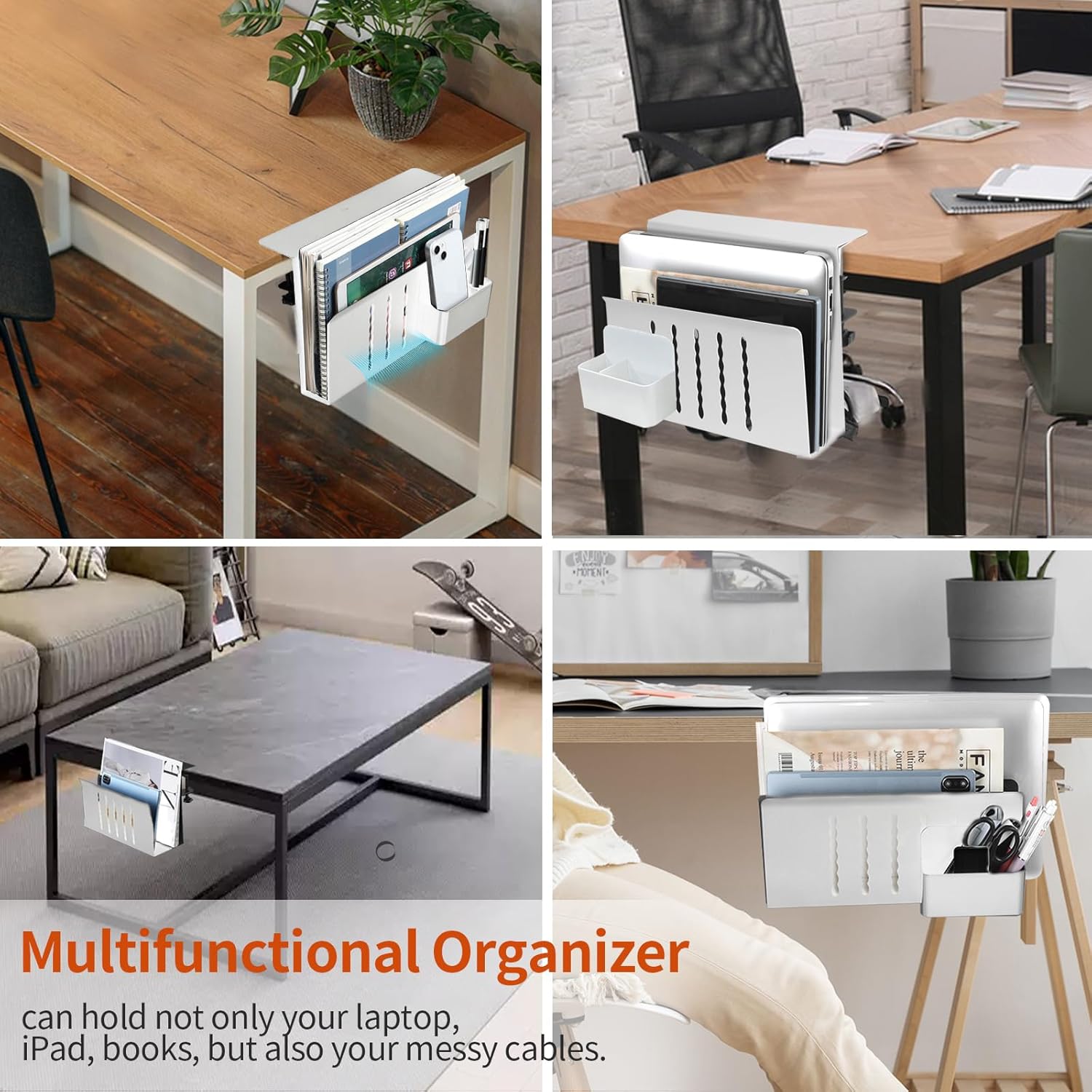 Almacenamiento lateral de escritorio, soporte vertical para laptop debajo del escritorio, organizador de escritorio colgante sin taladros, bandeja