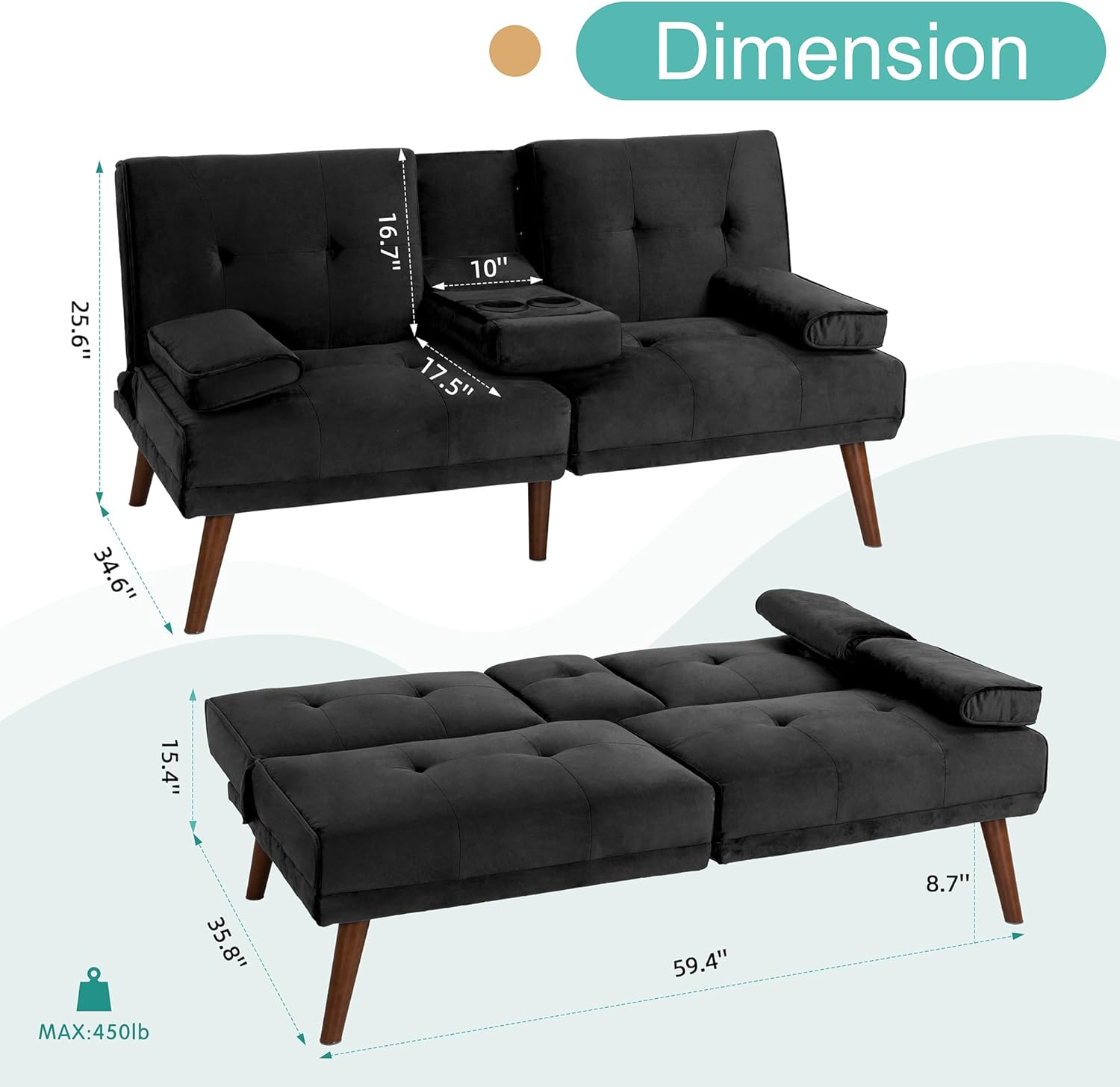 Meilocar Sofá cama de terciopelo de 60 pulgadas con reposabrazos extraíbles, cama de invitados ajustable para espacios pequeños con portavasos y 3