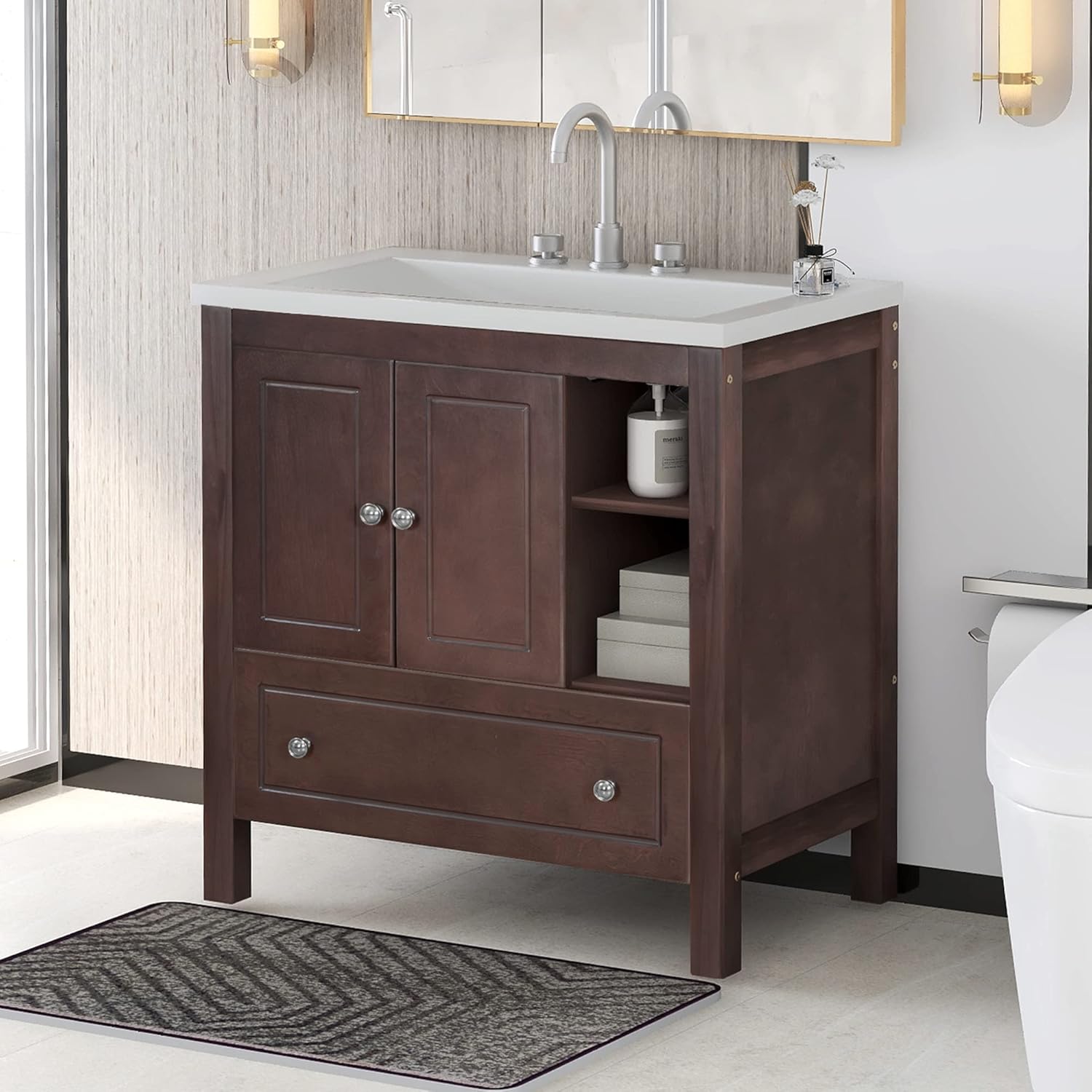 P PURLOVE Mueble de baño de 30 pulgadas con fregadero, armario de almacenamiento de baño con puertas y cajones, moderno juego de lavabo de madera