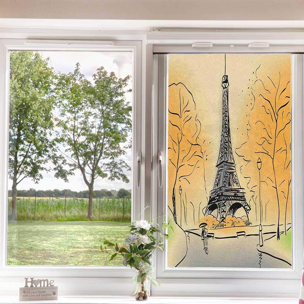 Película de privacidad para ventana de París, torre Eiffel con hojas de otoño en efecto de boceto, punto de referencia navideño, película de vidrio