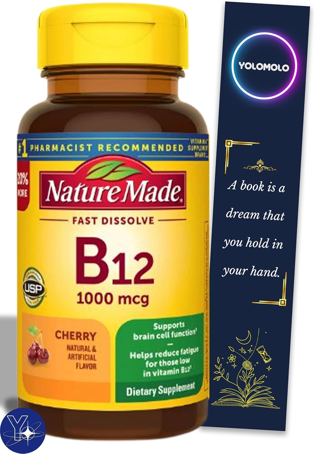 Vitamina B12 Sublingual 1000 mcg tabletas de disolución rápida sin azúcar, hechas en la naturaleza, 60 unidades y marcador de regalo de YOLOMOLO