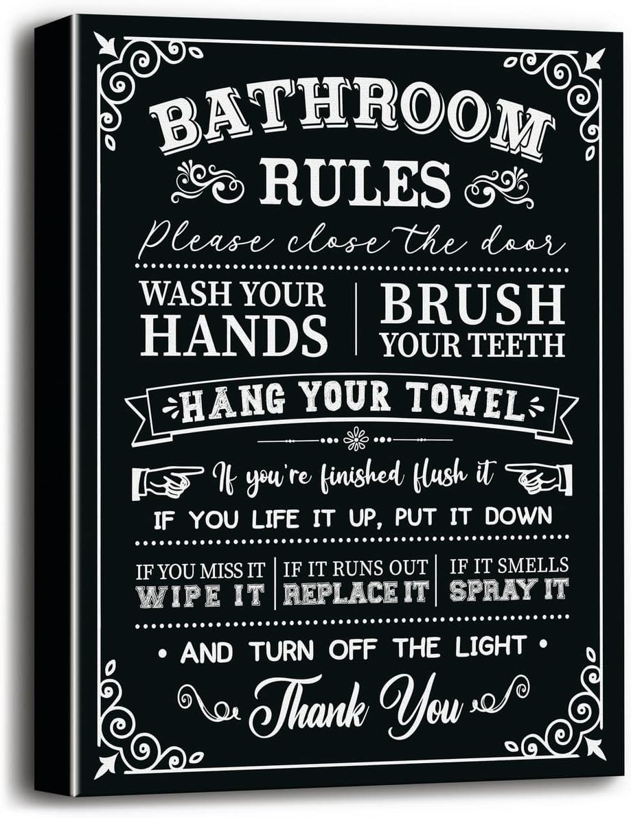 Lienzo decorativo de pared para baño, divertidos letreros rústicos con reglas de baño, impresiones en lienzo, póster de pared para decoración de