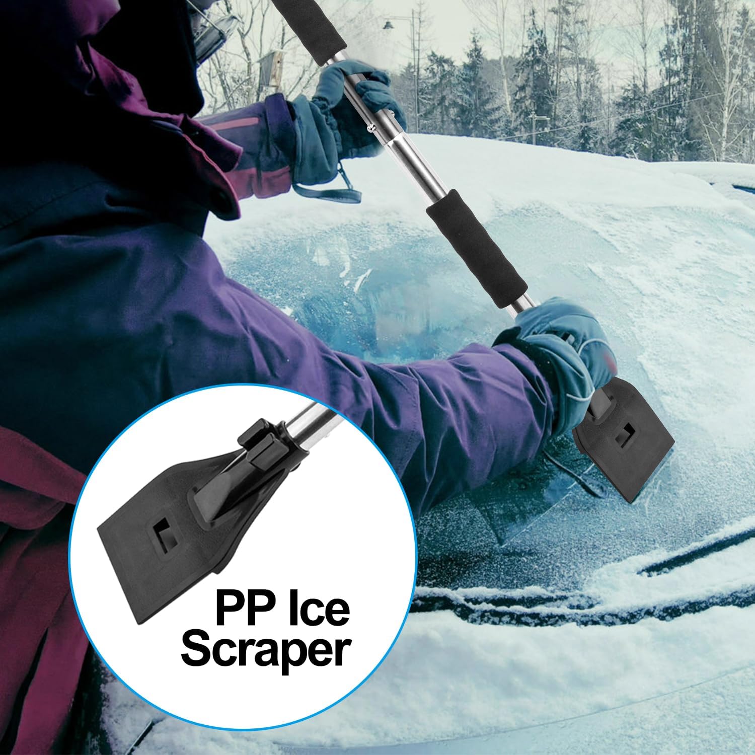 LESOLEIL Kit de pala de nieve, pala de nieve 3 en 1 con raspador de hielo y cepillo de nieve, kit portátil de eliminación de nieve de acero