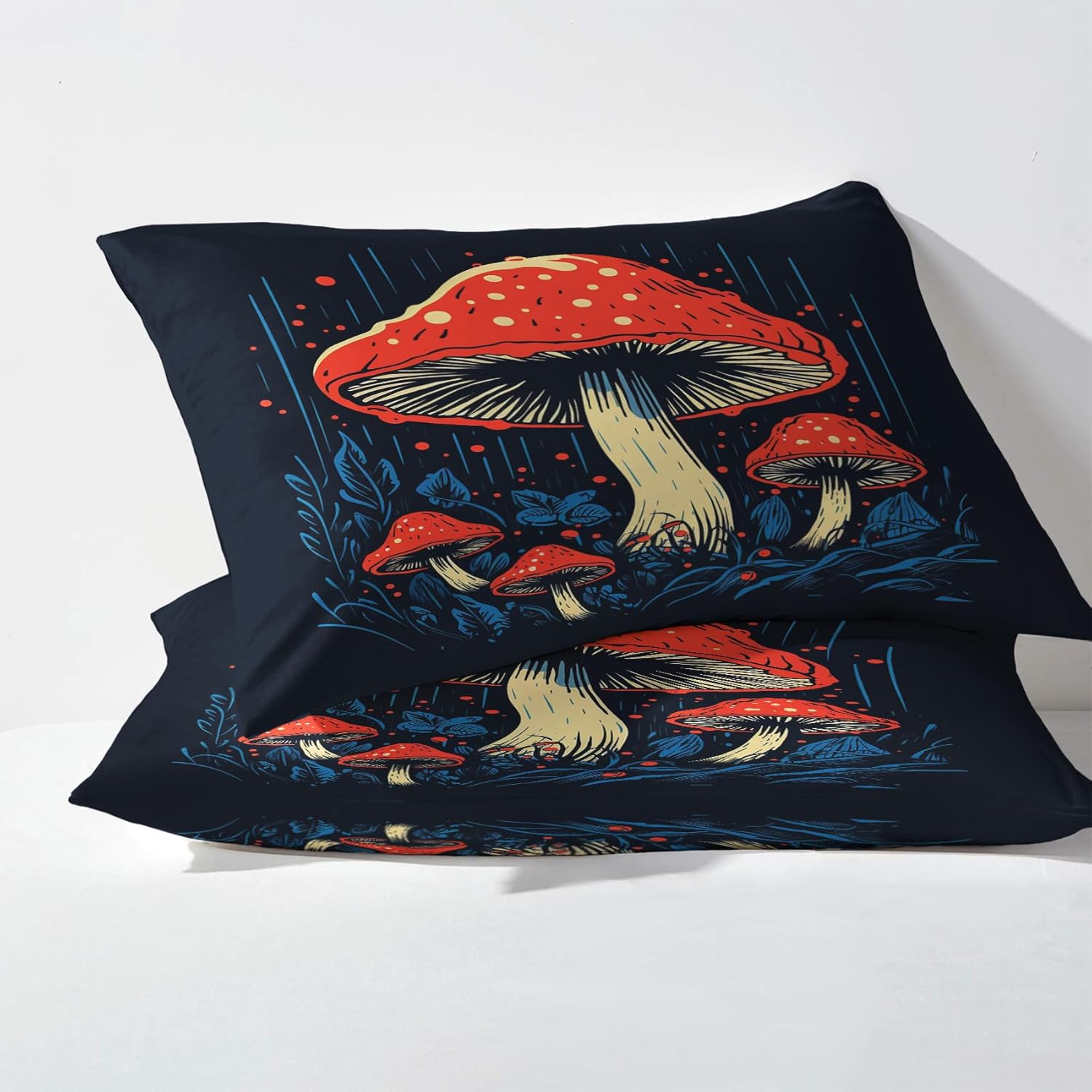 Juego de sábanas de hongos tamaño California King, sábanas de hongos, sábanas y fundas de almohada estampadas de 4 piezas, sábana bajera ajustable
