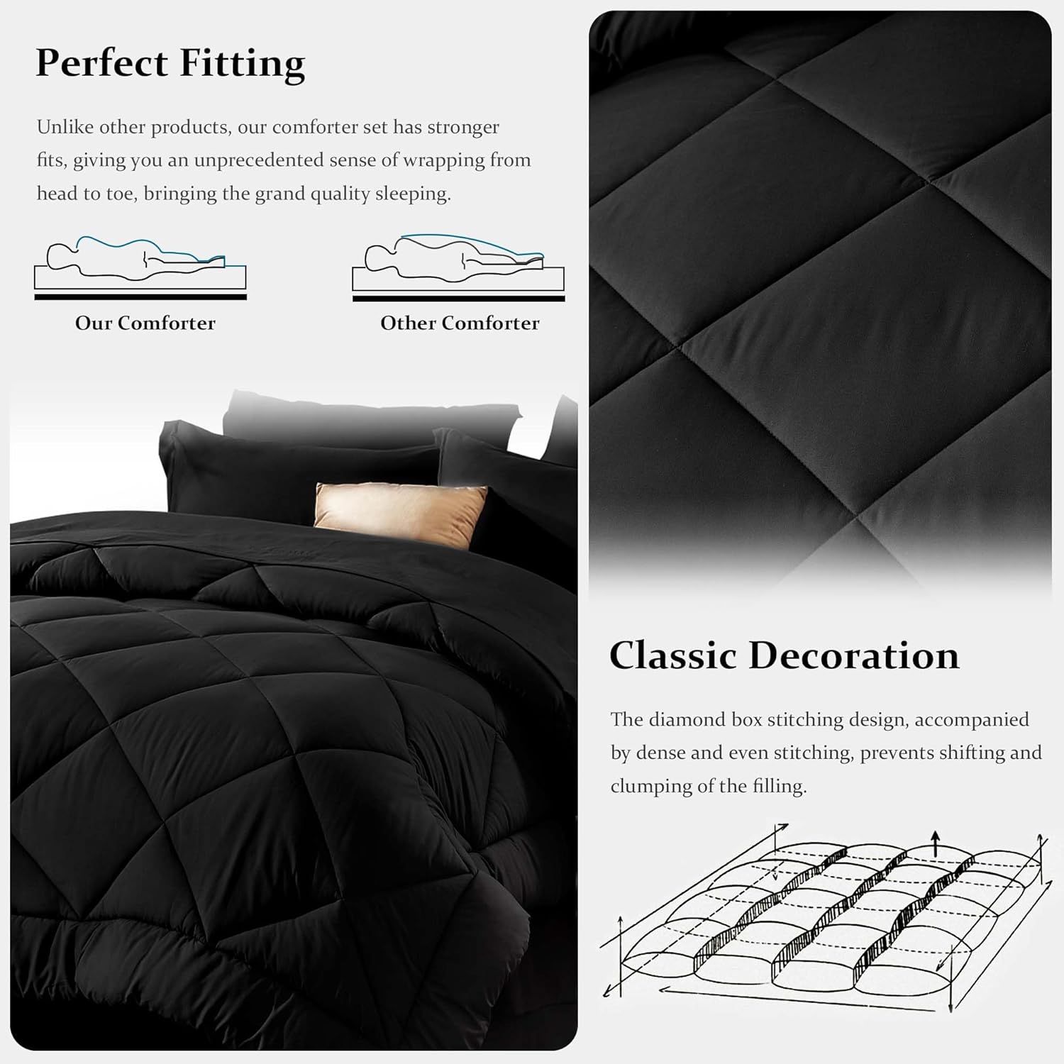 Newspin Juego de edredón de 6 piezas para cama individual en una bolsa, juego de cama negro para todas las estaciones, juegos de ropa de cama