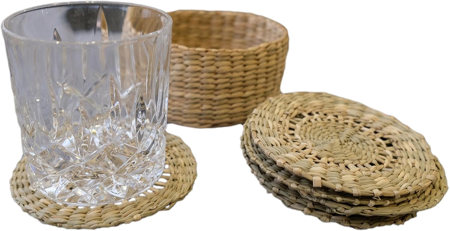 Juego de 6 posavasos de hierba marina con soporte, posavasos hechos a mano, posavasos de algas marinas tejidas naturales, posavasos de jacinto de