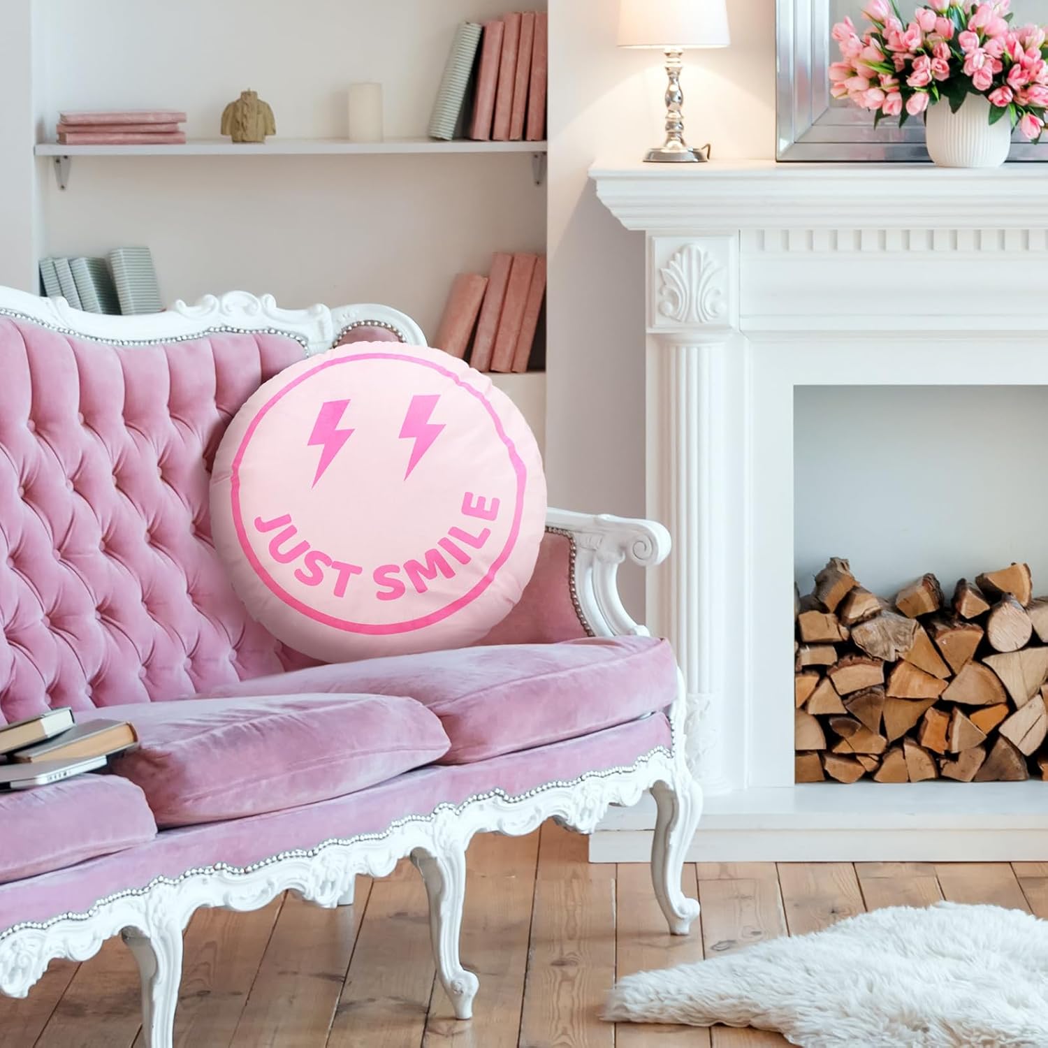 Almohada de preppy linda almohada de cara sonriente rosa, almohada de relleno, almohada de preparación para adolescentes, niñas, dormitorio,