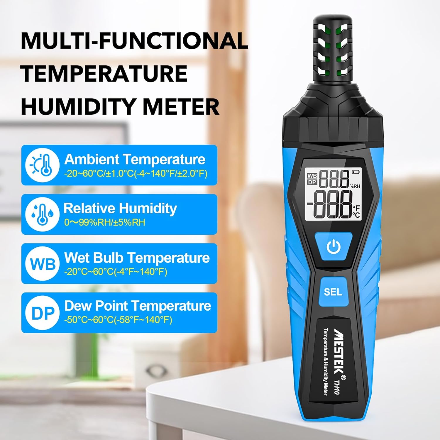 MESTEK Medidor de temperatura y humedad  Termómetro higrómetro con ambiente, punto de rocío, bombilla húmeda, sensor de alta precisión mejorado para