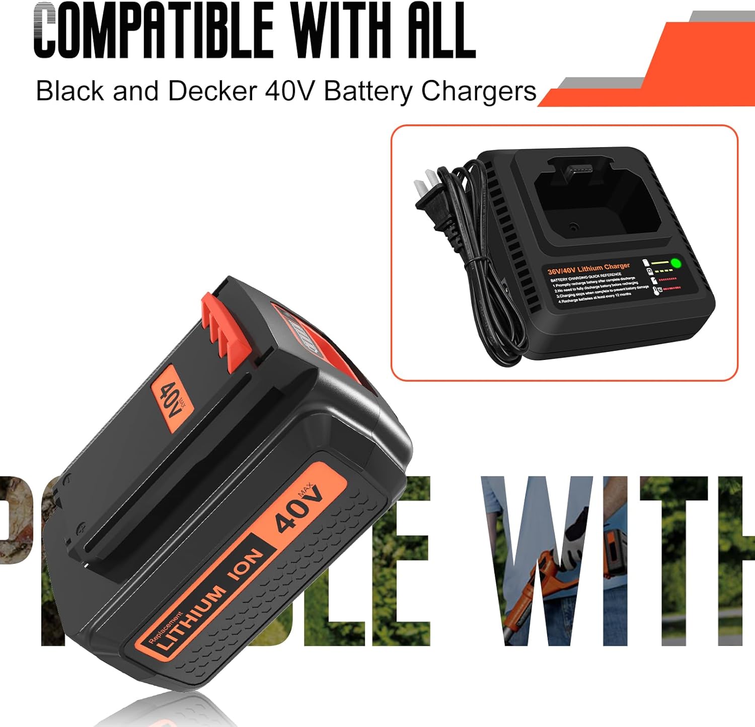 Paquete de 1 batería LBX2040 de 3000 mAh de 40 voltios y cargador de repuesto para Black and Decker 40V batería compatible con batería de litio