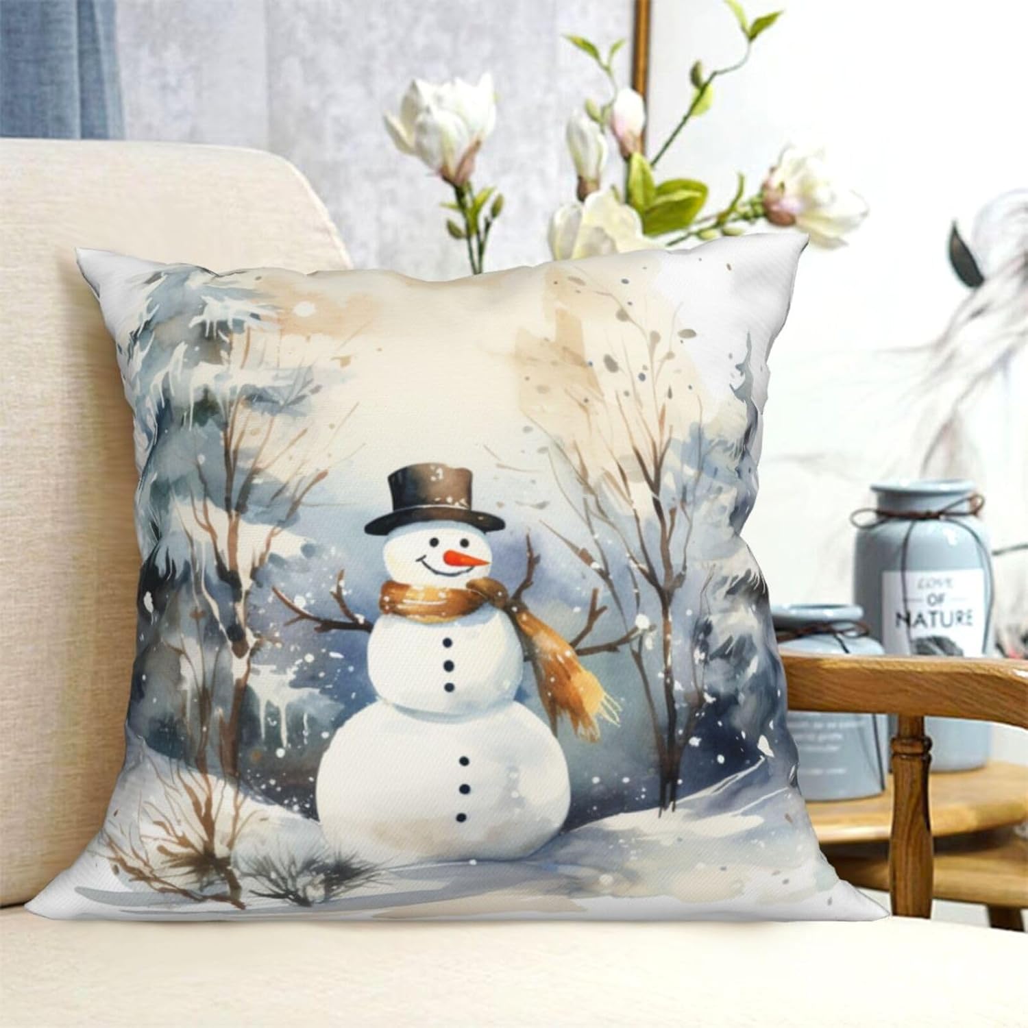 sunzoneflo Funda de almohada de Feliz Navidad, patrón de muñeco de nieve de Navidad, decoración de invierno, decoración de sofá, decoración de