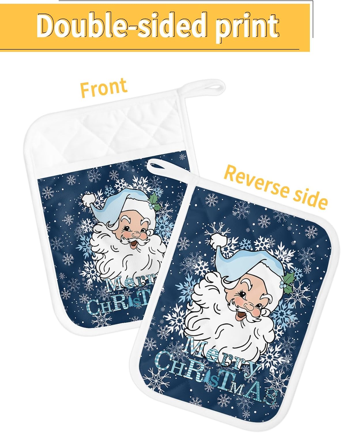 Juego de 4 agarraderas de tela de toalla de Papá Noel azul marino para cocina, antideslizantes y aislantes de calor, con bolsillo, guantes gruesos