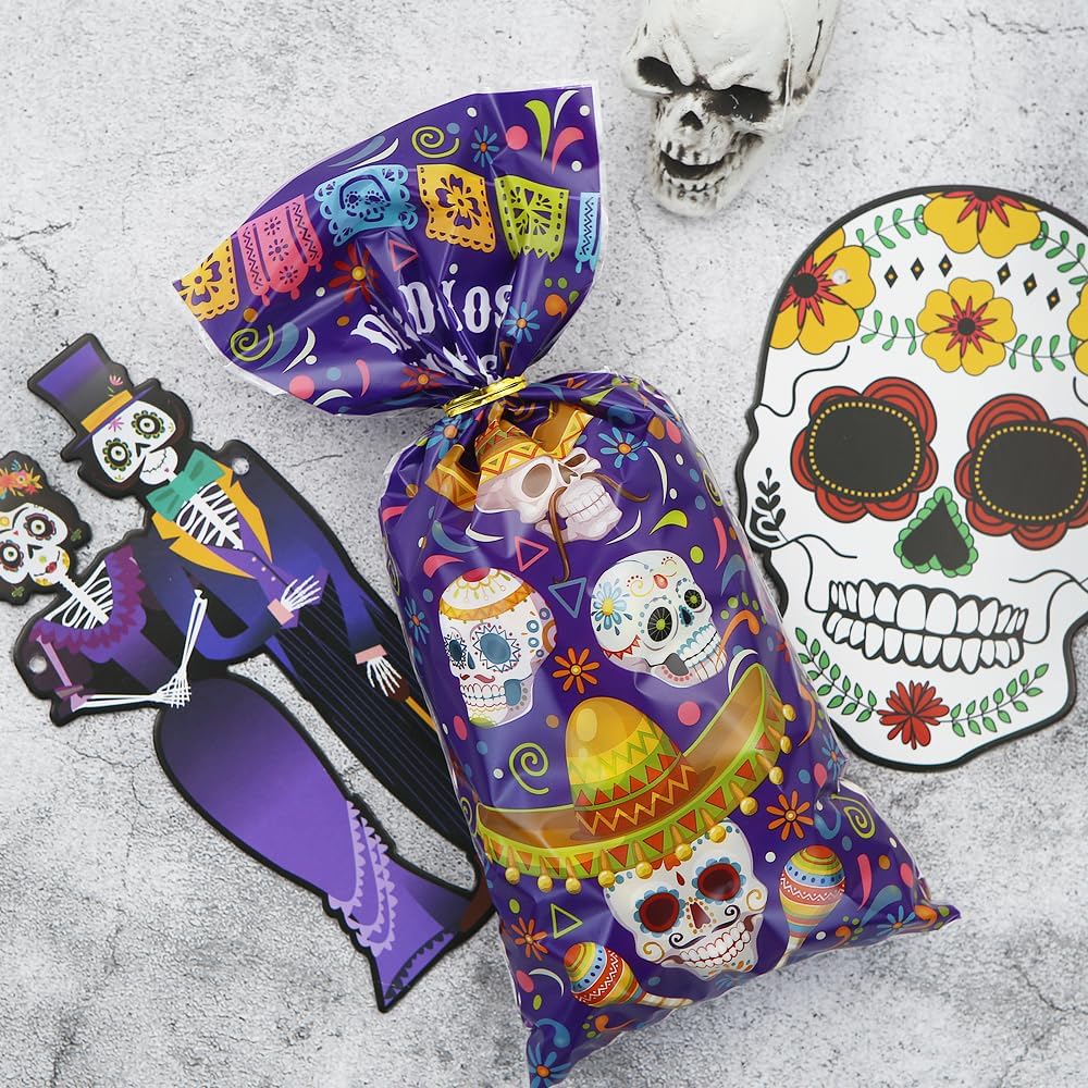 Day of the Dead – Bolsas de golosinas para dulces, 100 unidades Dia de Los Muertos, bolsas de golosinas mexicanas de 4 estilos de caléndula de