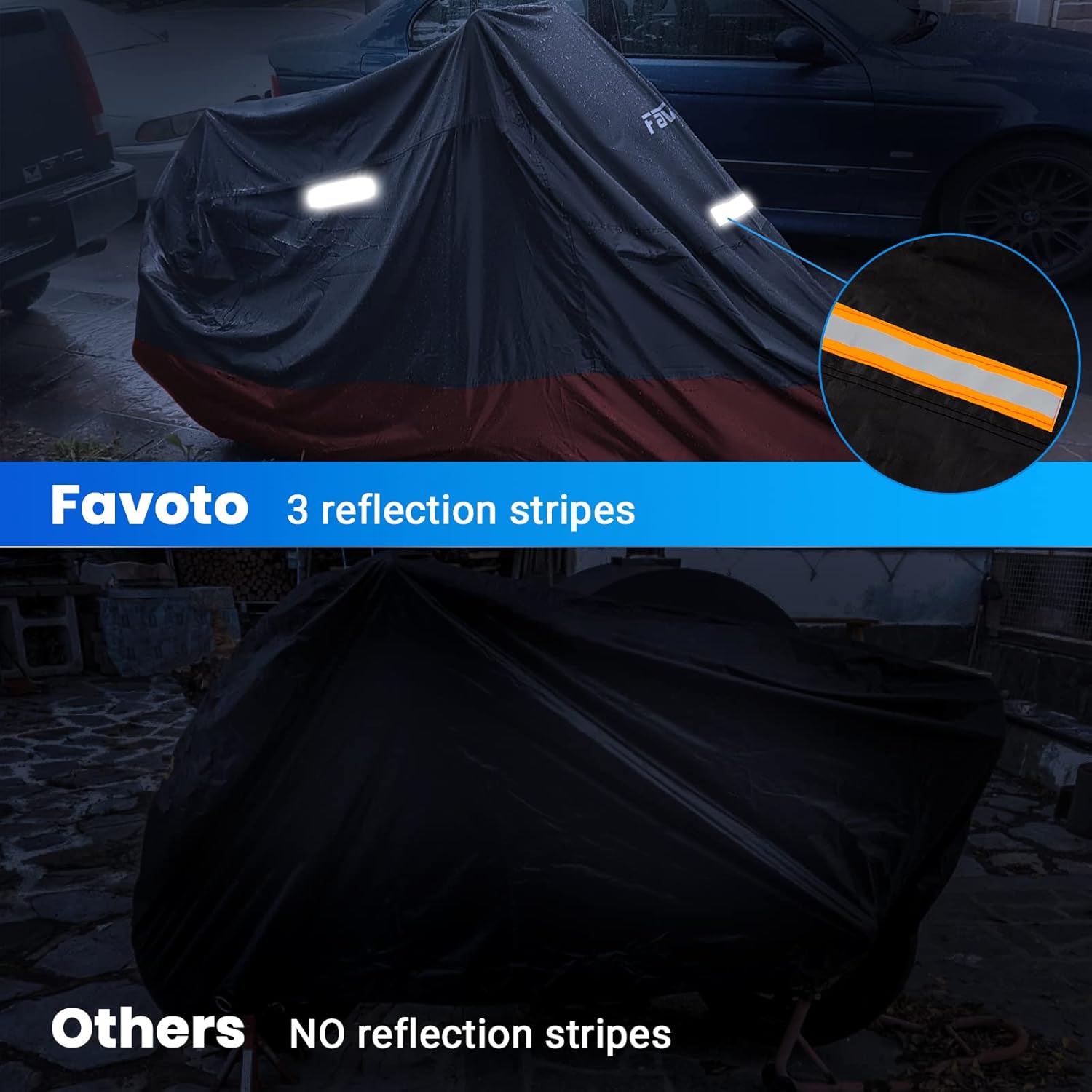 Favoto – Funda impermeable para motocicleta, universal, duradera, protege del sol, viento, polvo, con 3 bandas reflectantes, orificios de seguridad