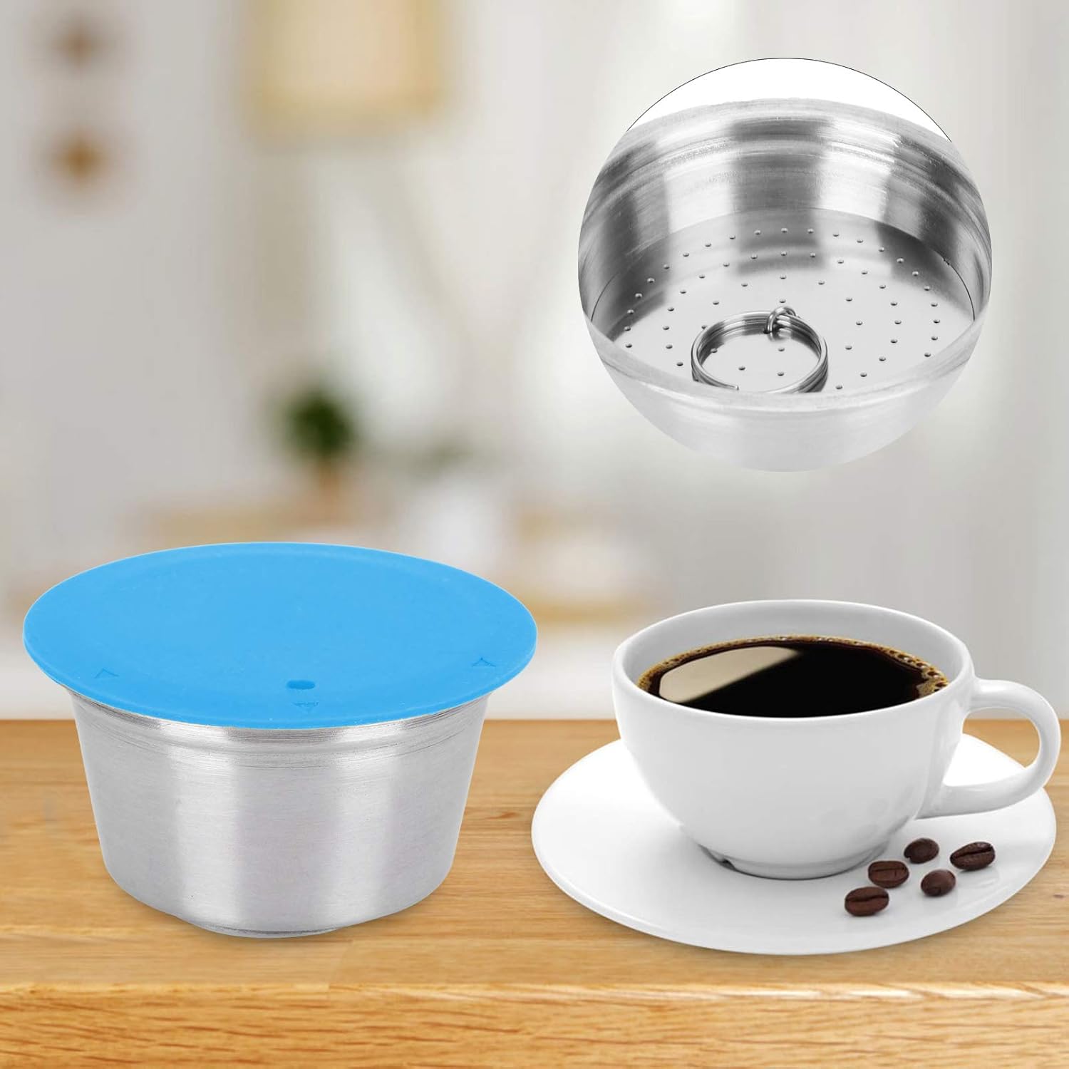 Taza de cápsula de café, de acero inoxidable, reutilizable, recargable, con tapa de silicona, accesorio de café de cocina (azul)