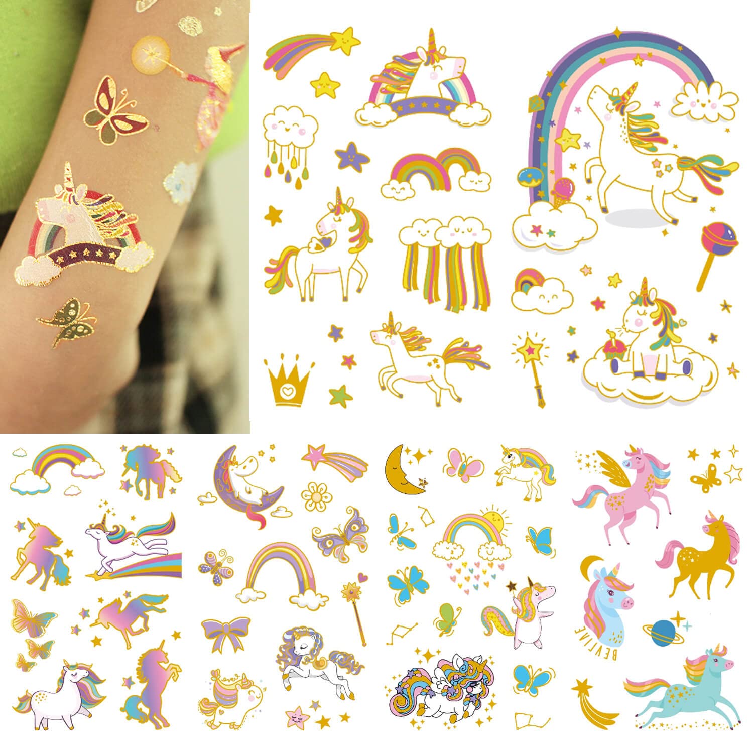 Yarlilyan 60+ Tatuajes de unicornio metálico dorado colorido de dibujos animados para recuerdo de fiesta de cumpleaños, calcomanía de tatuaje
