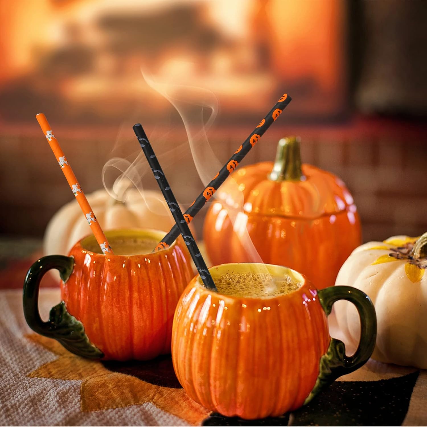 250 pajitas de papel de Halloween, color naranja, negro y blanco, pajitas de Halloween en murciélago y calabaza calavera para fiestas de Halloween