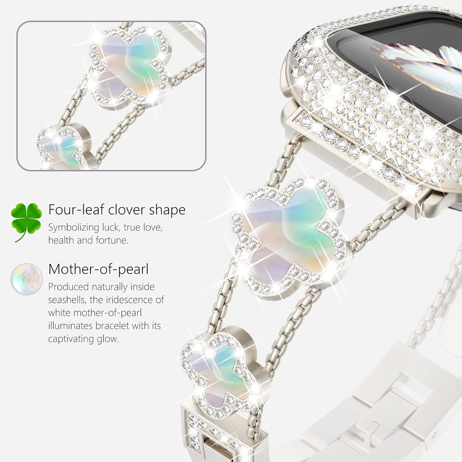 Surace Compatible con correas doradas de Apple Watch de 1.575 pulgadas para mujer, joyería de diamantes de imitación de acero inoxidable con funda
