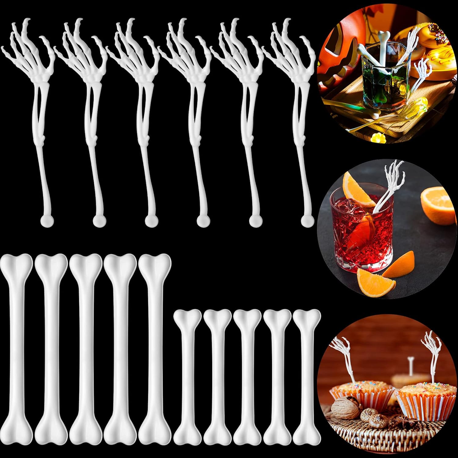 48 palitos de esqueleto, palillos de esqueleto, de plástico, para alimentos, reutilizables, para cócteles, bebidas, Swizzle, decoración de fiesta de