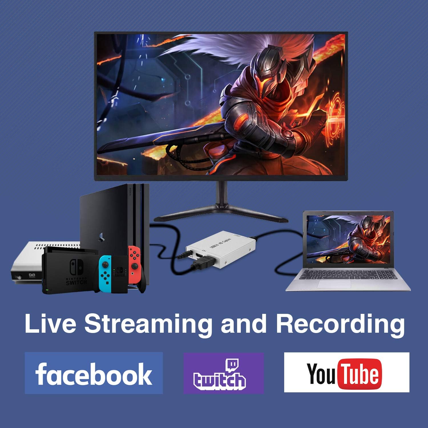 Ulalov Tarjeta de captura de video, USB 3.0 HDMI tarjeta de captura de juegos, transmisión en vivo y grabación en 1080p compatible con PS4, Switch,