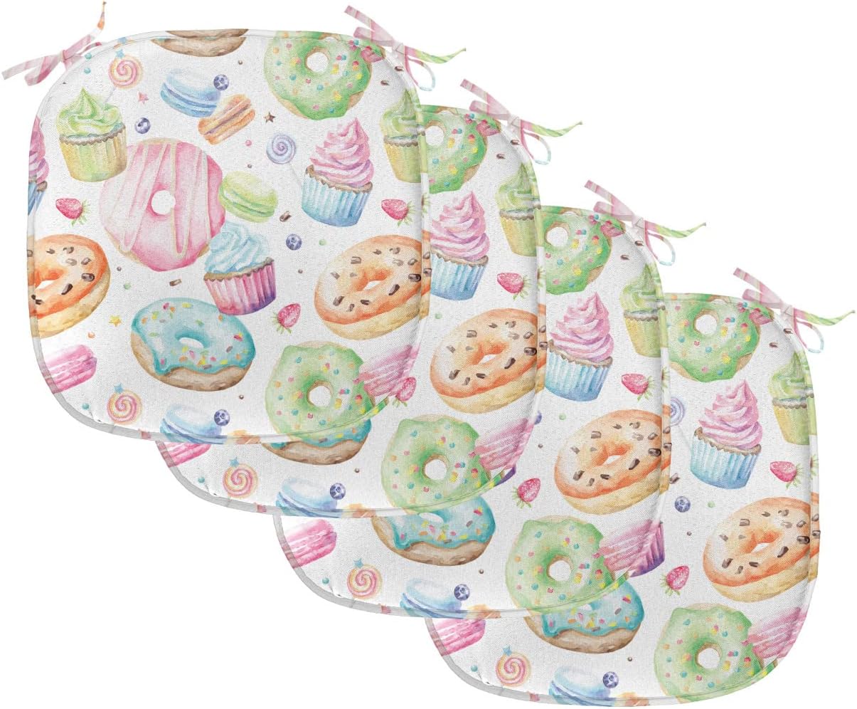 Lunarable Sweets – Juego de 4 cojines de asiento para silla, deliciosos cupcakes de macarrón, donas, muffins, azúcar, sabroso y delicioso diseño de