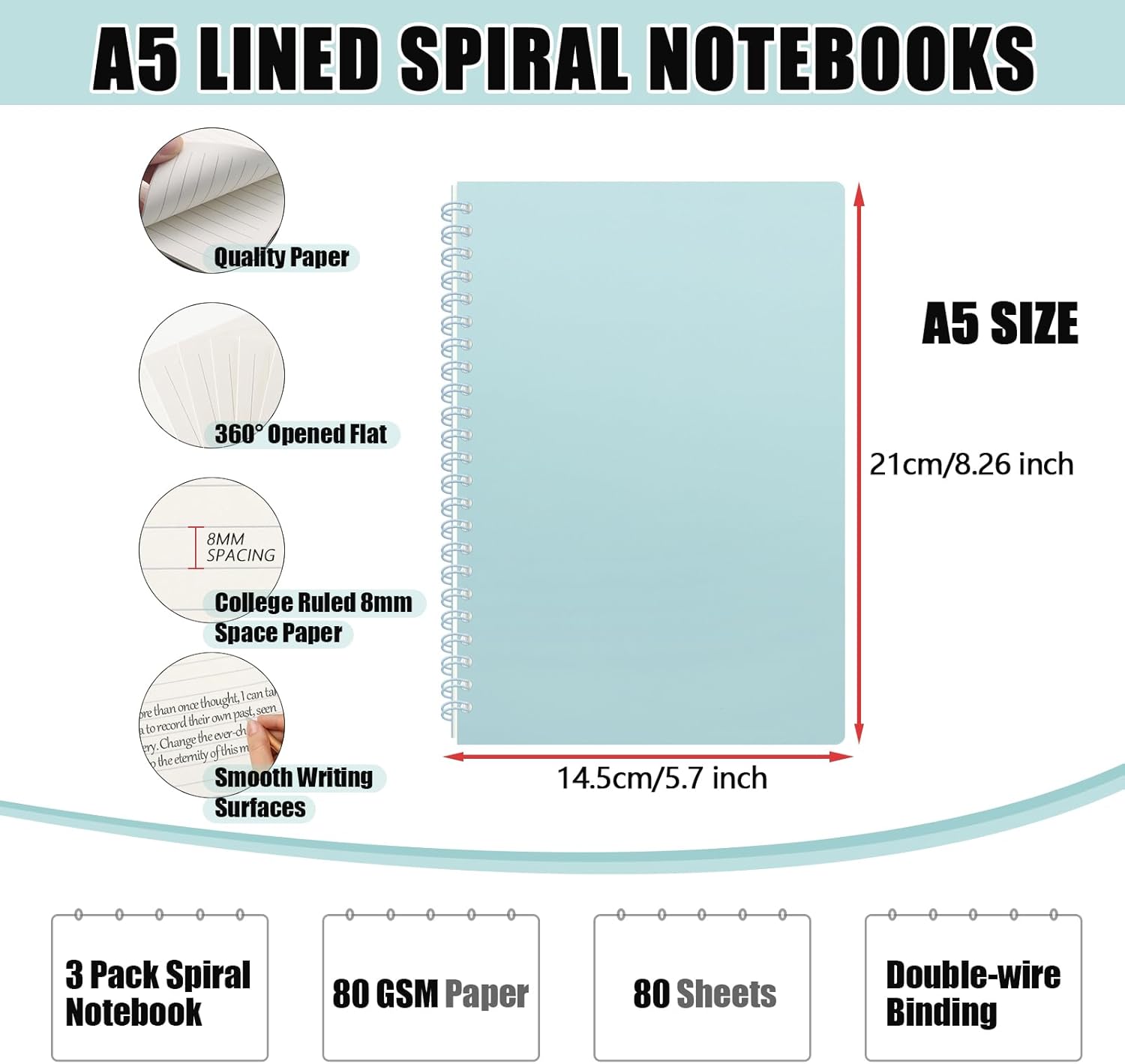 AEE FIRSONE Cuaderno de espiral, paquete de 3 cuadernos A5 a rayas de 5.7 x 8.3 pulgadas, diario en espiral con encuadernación de doble alambre,