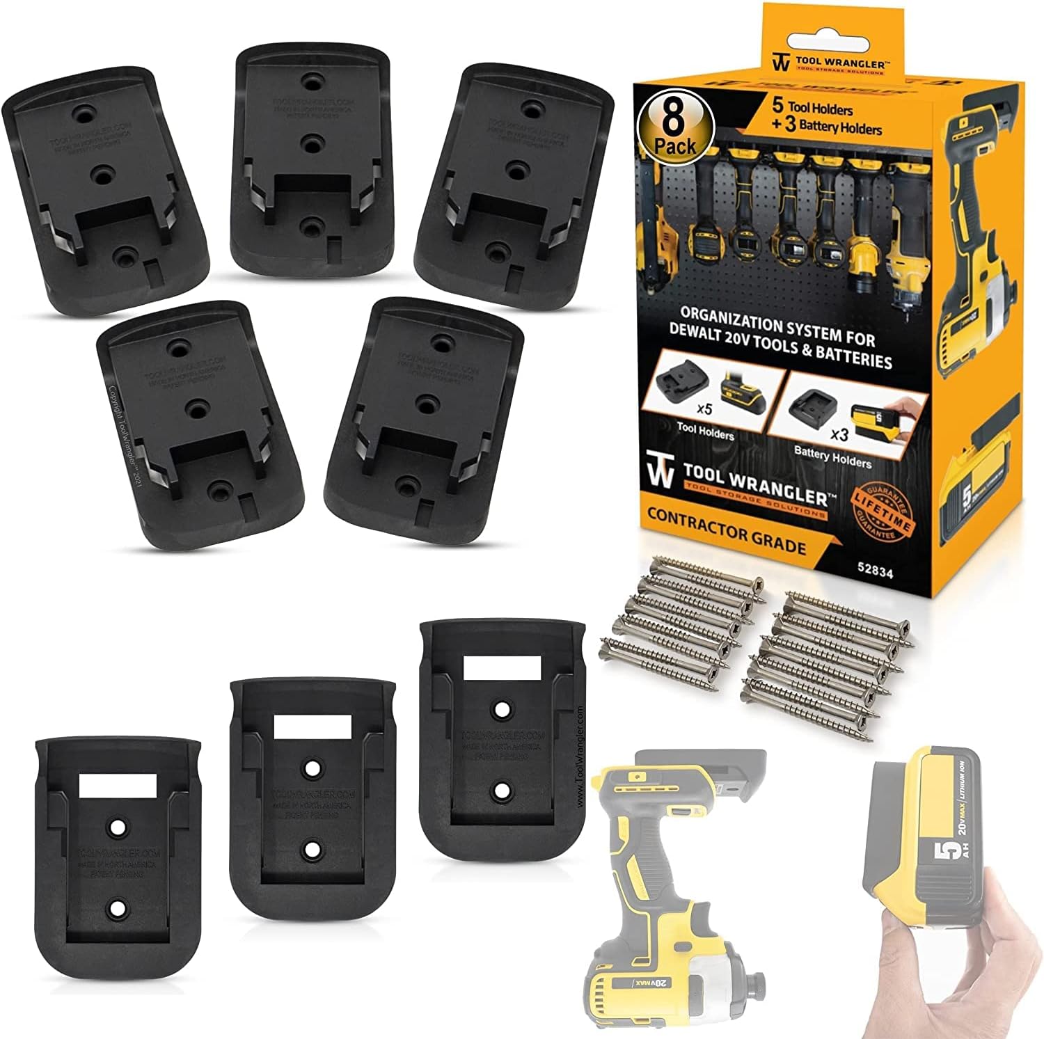 Tool Wrangler Organización para herramientas y baterías Dewalt de 20 V – Negro 8 piezas Combo 5+3  5 portaherramientas Dewalt + 3 soportes de