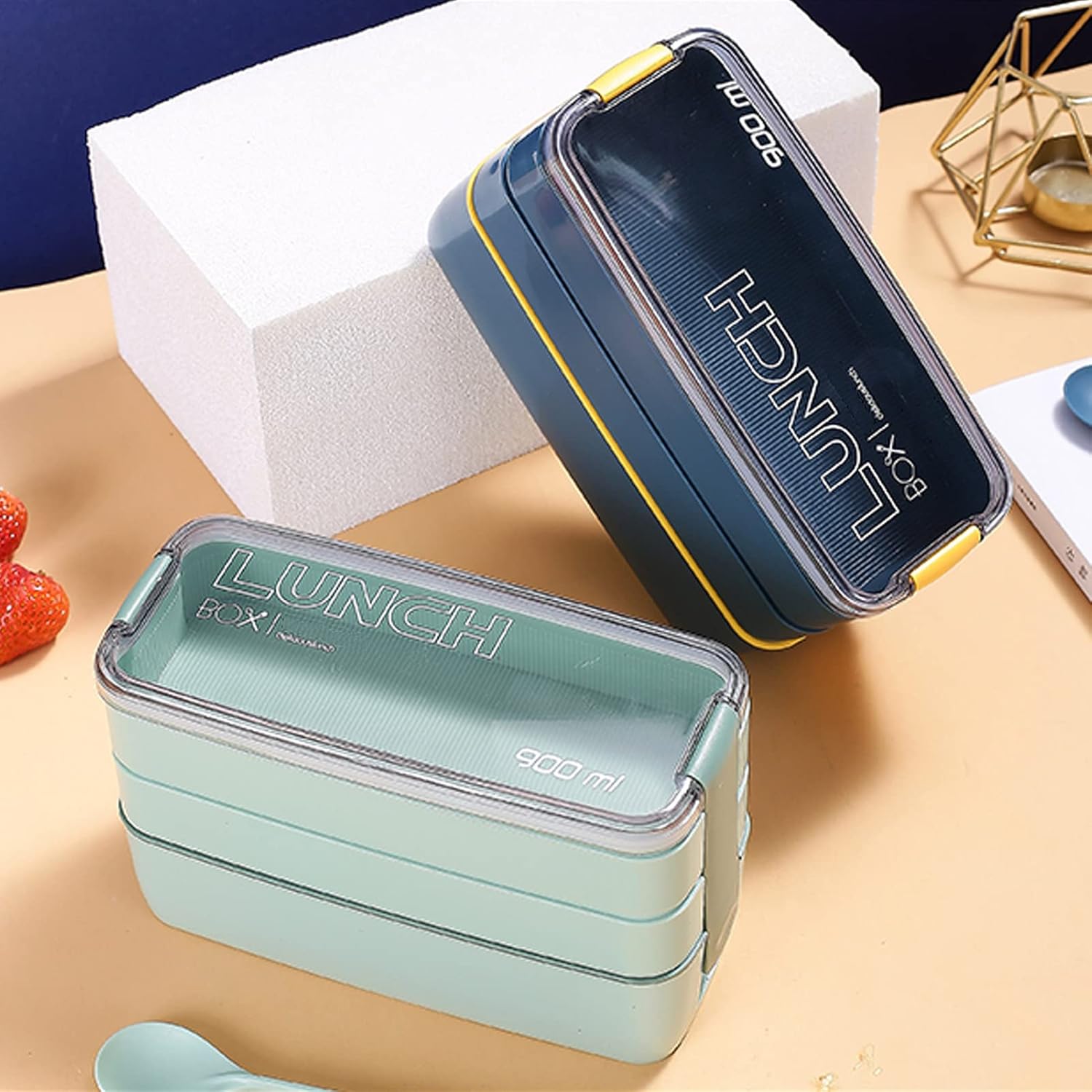 Iteryn Lonchera Bento Box, contenedores con compartimentos 3 en 1, popote de trigo, a prueba de fugas, ecológica, lonchera Bento para preparación de