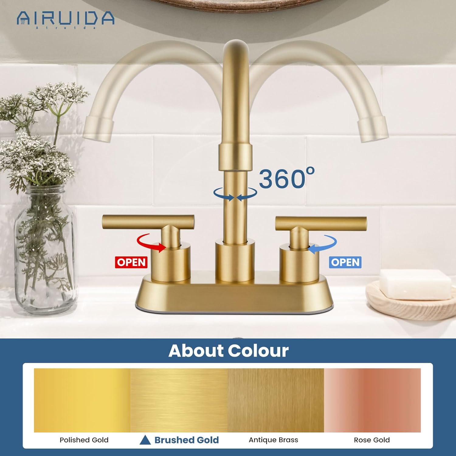 Airuida Grifo de baño central de 4 pulgadas, grifo de lavabo de baño de 2 asas, grifo de tocador de baño de dos agujeros con drenaje emergente, 2