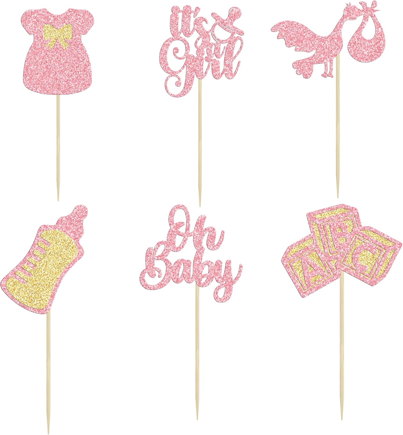 Gyufise 24 adornos para cupcakes Oh Baby Glitter It’s a Girl Cupcake Picks Bow Dress Baby Shower Baby Shower Cake Decor para revelación de género