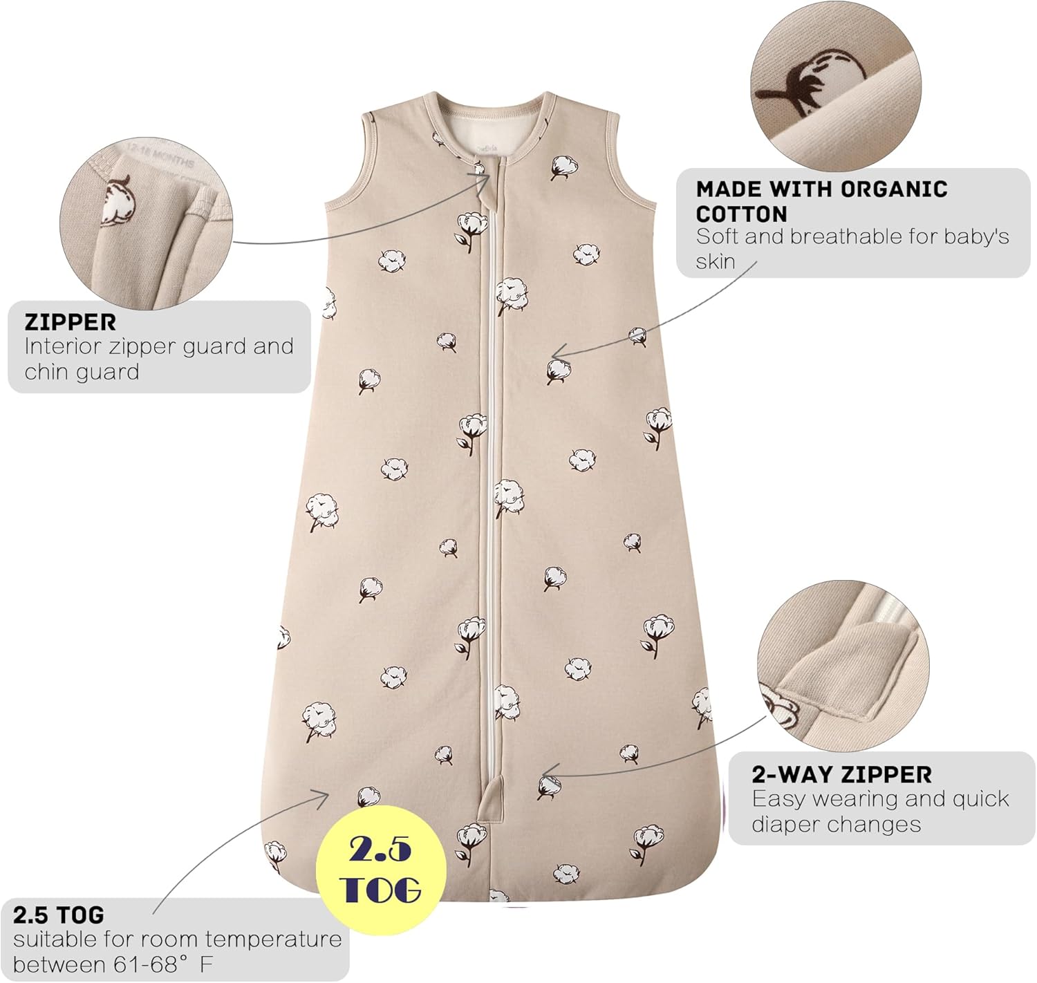 Owlivia Saco de dormir de algodón orgánico para bebé con cremallera de 2 vías, manta de algodón orgánico, saco de dormir unisex