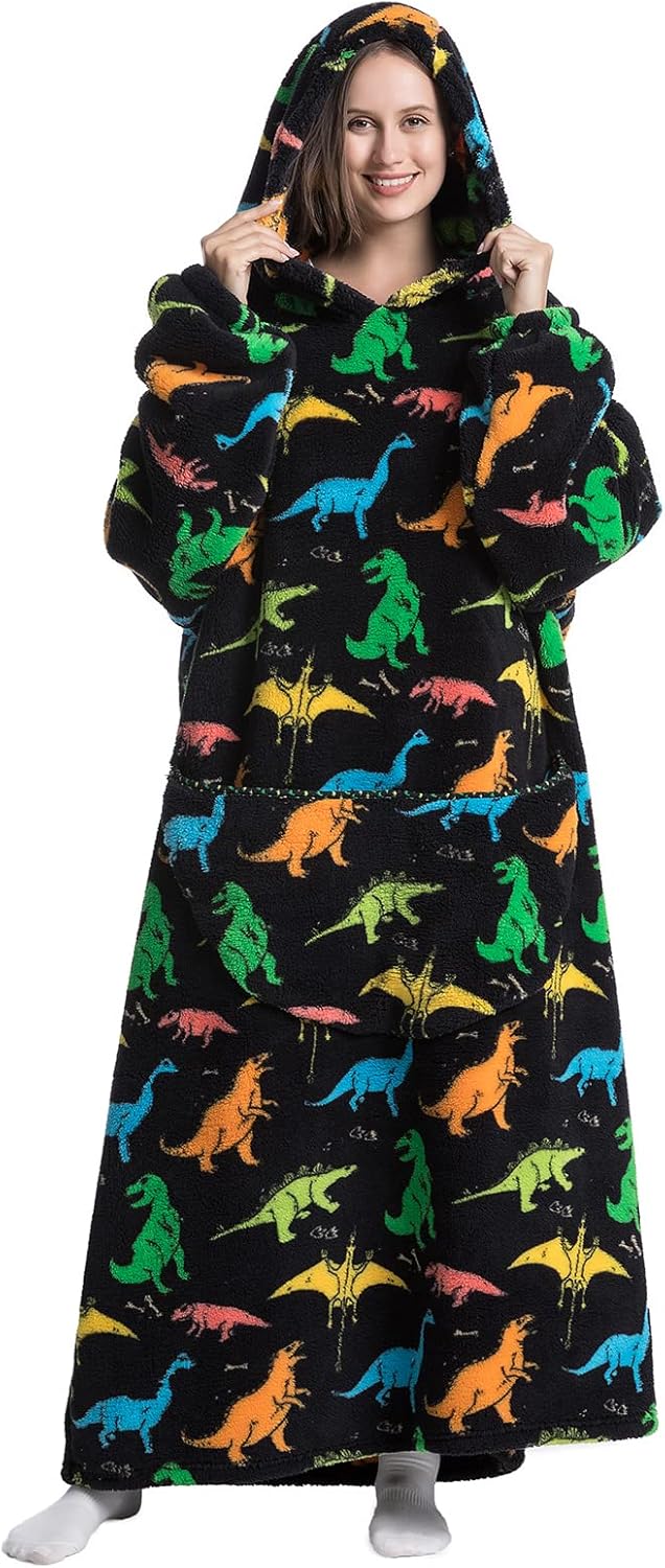 ZAJIO Manta larga con capucha para adultos, hombres y mujeres, súper suave y cálida, de franela Sherpa con mangas de bolsillo, dinosaurio multicolor